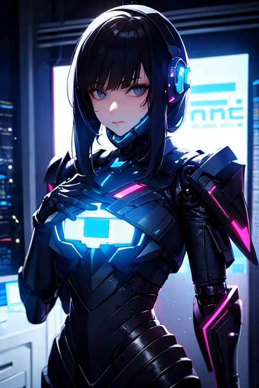 Close-up of a woman dressed in black posing in a room, android heroine, perfect android girl, an oppai cyberpunk, cybersuit, cyberpunk anime girl, female cyberpunk anime girl, cyberpunk anime girl mech, cyber suit, cyber suit, anime cyberpunk art, Extremely detailed Artgerm, Cute cyborg girl, cyborg merchant girl, IG model | Art germ, с Максом на лице, черный маска,