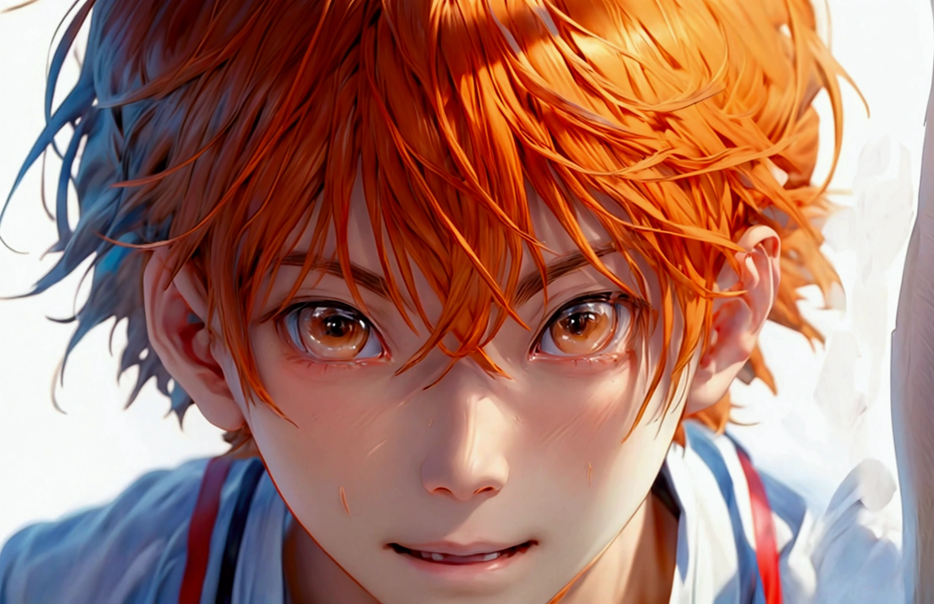 (Very realistic, concentrate、High resolution, Detailed face, Detailed Hair,fine grain),Official Art,8k wallpaper,figure,((One boy)), Shorthair with light brown hair、Light brown eyes、happy, Trendy clothing,sneakers,whole body,Hands hang down naturally,bright smile,orange hair color, Japanese anime style, anime volleyball boy, fluffy hair, boy 15 year old ,white background