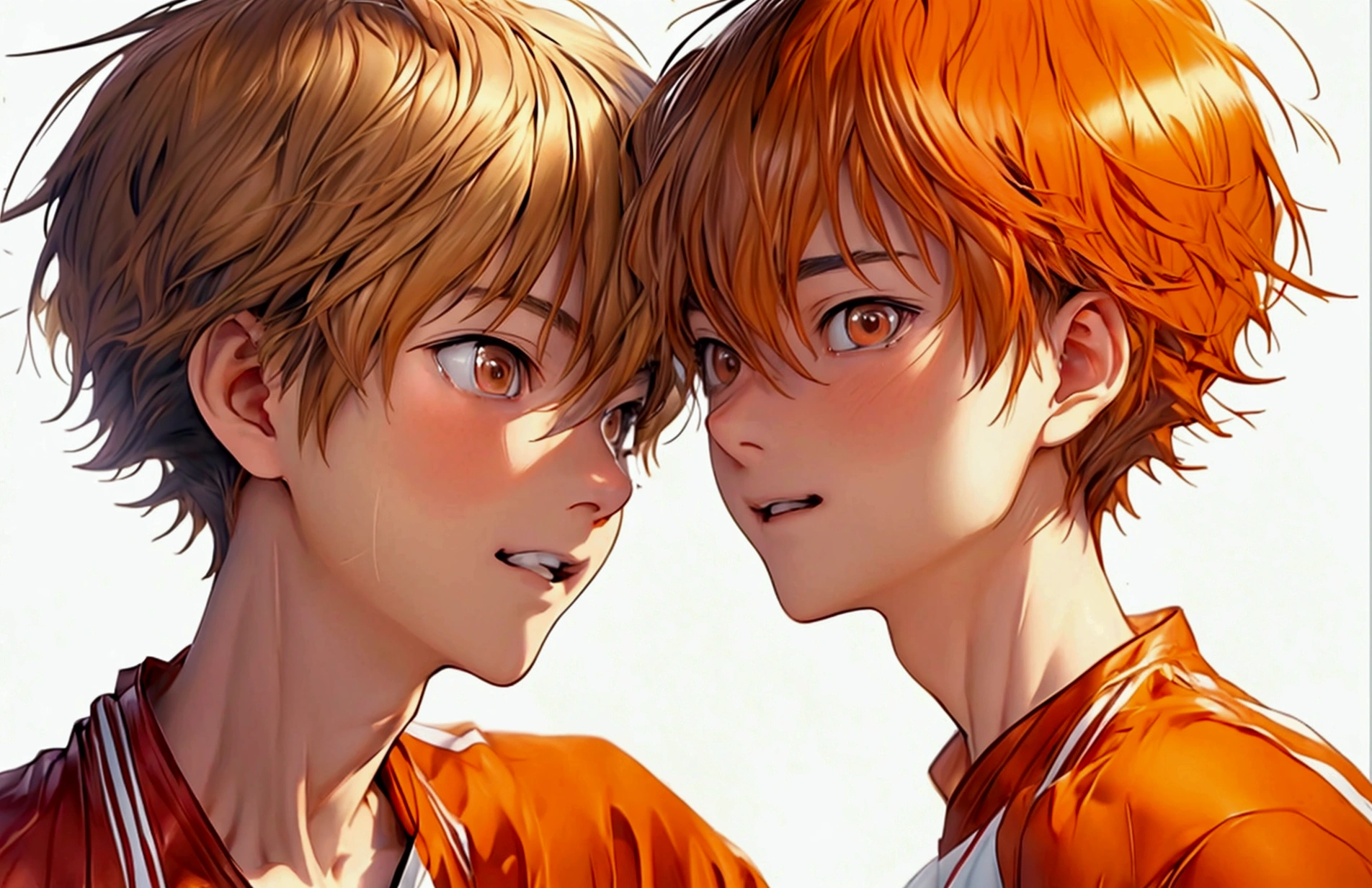 (Very realistic, concentrate、High resolution, Detailed face, Detailed Hair,fine grain)，Official Art，8k wallpaper，figure，((One boy)), Shorthair with light brown hair、Light brown eyes、happy, Trendy clothing，sneakers，whole body，Hands hang down naturally，bright smile,orange hair color, Japanese anime style, anime volleyball boy, fluffy hair, boy 15 year old ,white background 