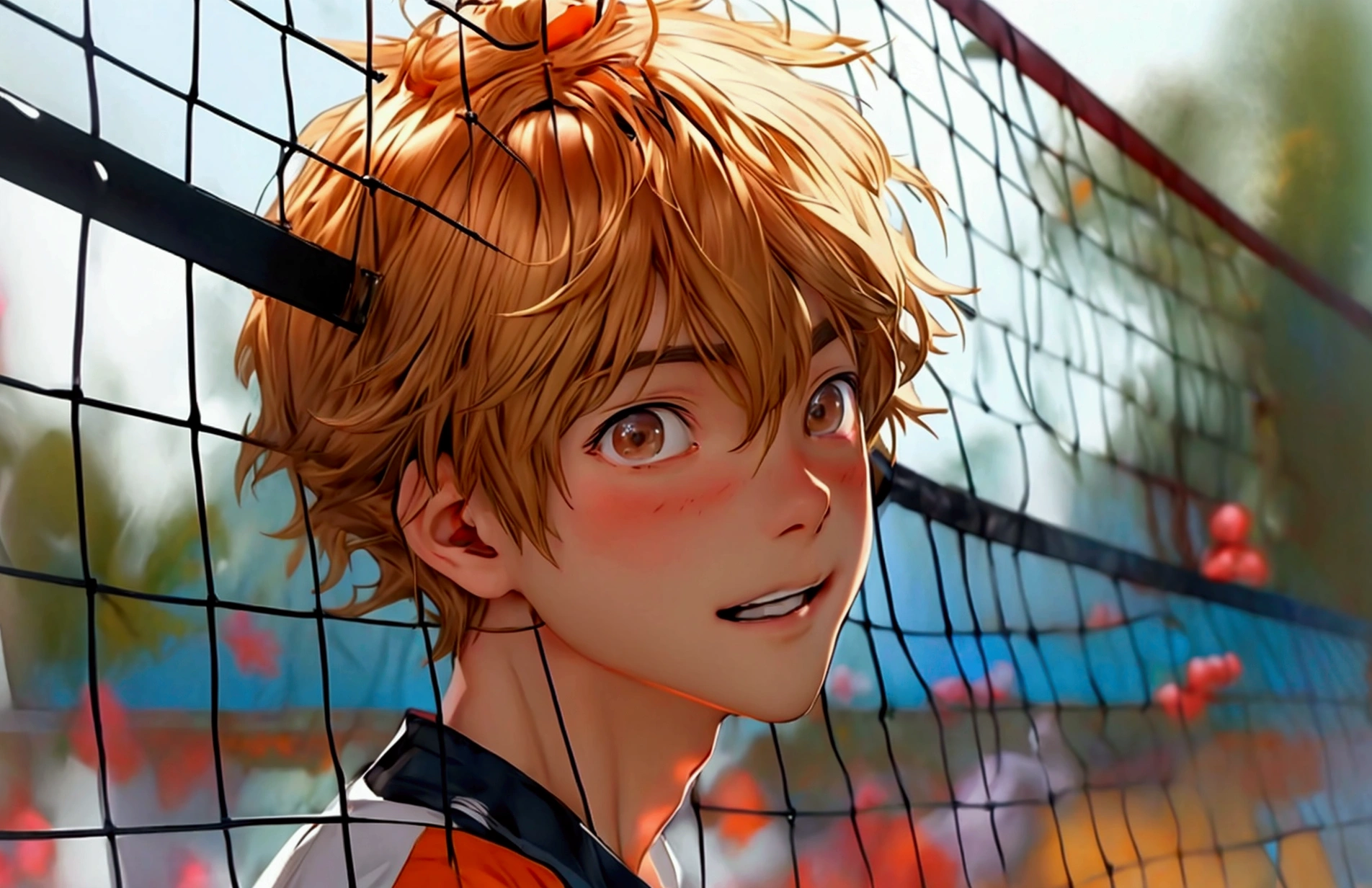 (Very realistic, concentrate、High resolution, Detailed face, Detailed Hair,fine grain)，Official Art，8k wallpaper，figure，((One boy)), Shorthair with light brown hair、Light brown eyes、happy, Trendy clothing，sneakers，whole body，Hands hang down naturally，bright smile,orange hair color, Japanese anime style, anime volleyball boy, fluffy hair, boy 15 year old ,white background 