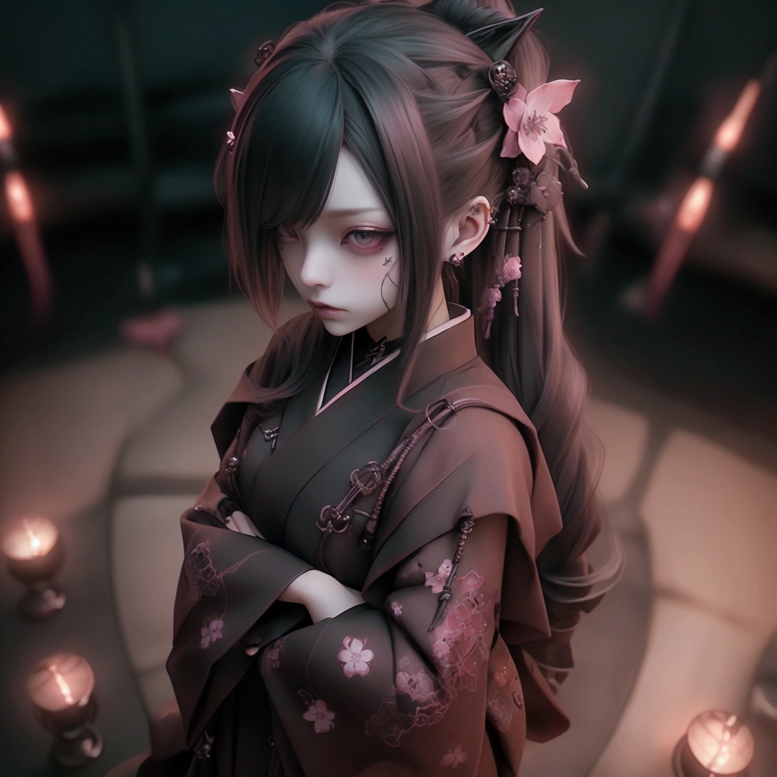 Downtin' Down Women、Standing with arms outstretched,Top view,profile,Full Shot,Sarcastic and threatening pose,eye shadow,Hakama,boots,Game character costumes,novel,Gothic Punk,dress,boots,image color: Black and Pink,lanthanum, cherry blossoms, petals in the wind, Calm, mysterious, high quality, Dark look,Detailed eye design,3D Rendering,