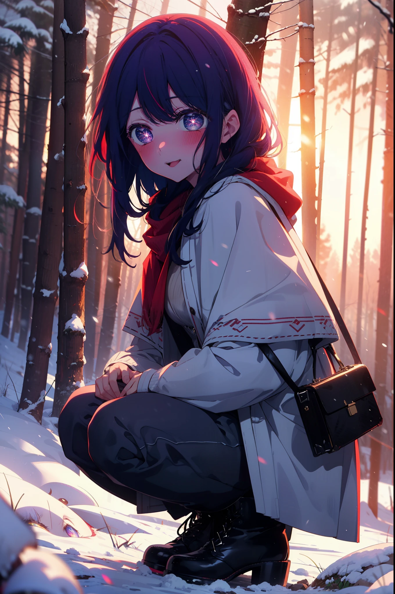 aihoshino, Ai Hoshino, Long Hair, bangs, (Purple eyes:1.1), Purple Hair, (Symbol-shaped pupil:1.5), smile,,smile,blush,white breath,
Open your mouth,snow,Ground bonfire, Outdoor, boots, snowing, From the side, wood, suitcase, Cape, Blurred, , forest, White handbag, nature, Squat, Mouth closed, Cape, winter, Written boundary depth, Black shoes, red Cape break looking at viewer, Upper Body, whole body, break Outdoor, forest, nature, break (masterpiece:1.2), Highest quality, High resolution, unity 8k wallpaper, (shape:0.8), (Beautiful and beautiful eyes:1.6), Highly detailed face, Perfect lighting, Extremely detailed CG, (Perfect hands, Perfect Anatomy),