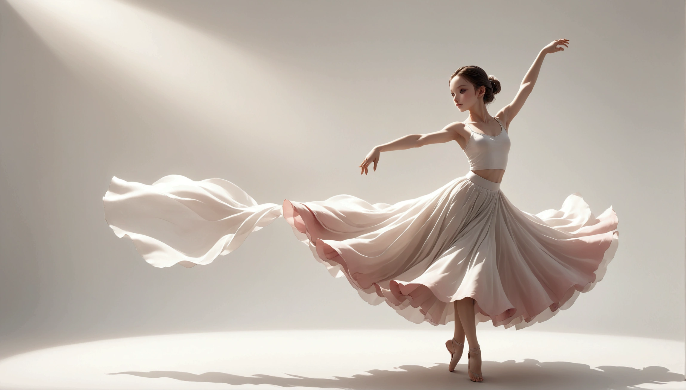 Dance photography;A dancer,Solitary;A dancing little girl;Long skirt,Plain style,Gray pink and white gradient,Traditional style,Smudged skirt hem;The movements of the dance;elegant,Flexible skirt;Long hair,Long hair披肩。((Full body panorama 1.5)),front; Simple style;Minimalism。White background,Pure white background;Panoramic photography;Depth of Field, Extraordinary details, masterpiece, high quality, 4K,cinematic lighting, motion blur, depth of field, sparkle, ray tracing, reflection light, anatomically correct, uhd, textured skin, best quality, super detail, highres, high details, accurate, high quality, award winning