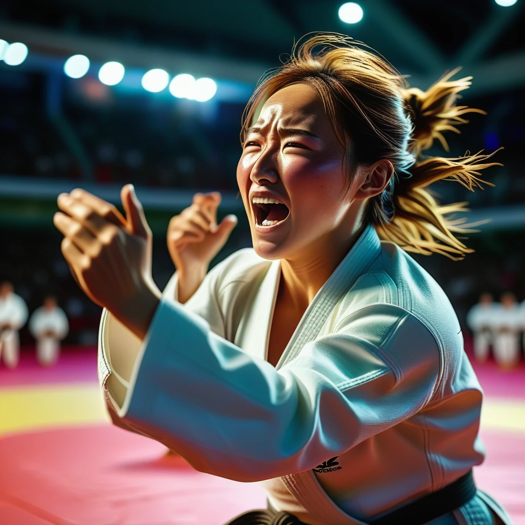 Olympic gold medal-winning female judo player、Celebrating their victory surrounded by enthusiastic fans in a packed stadium、Opposing players crying in defeat、Dramatic lighting、Detailed and dynamic action poses、Cinematic camera angles、Super fine、Photorealistic、8k、masterpiece, glowneon