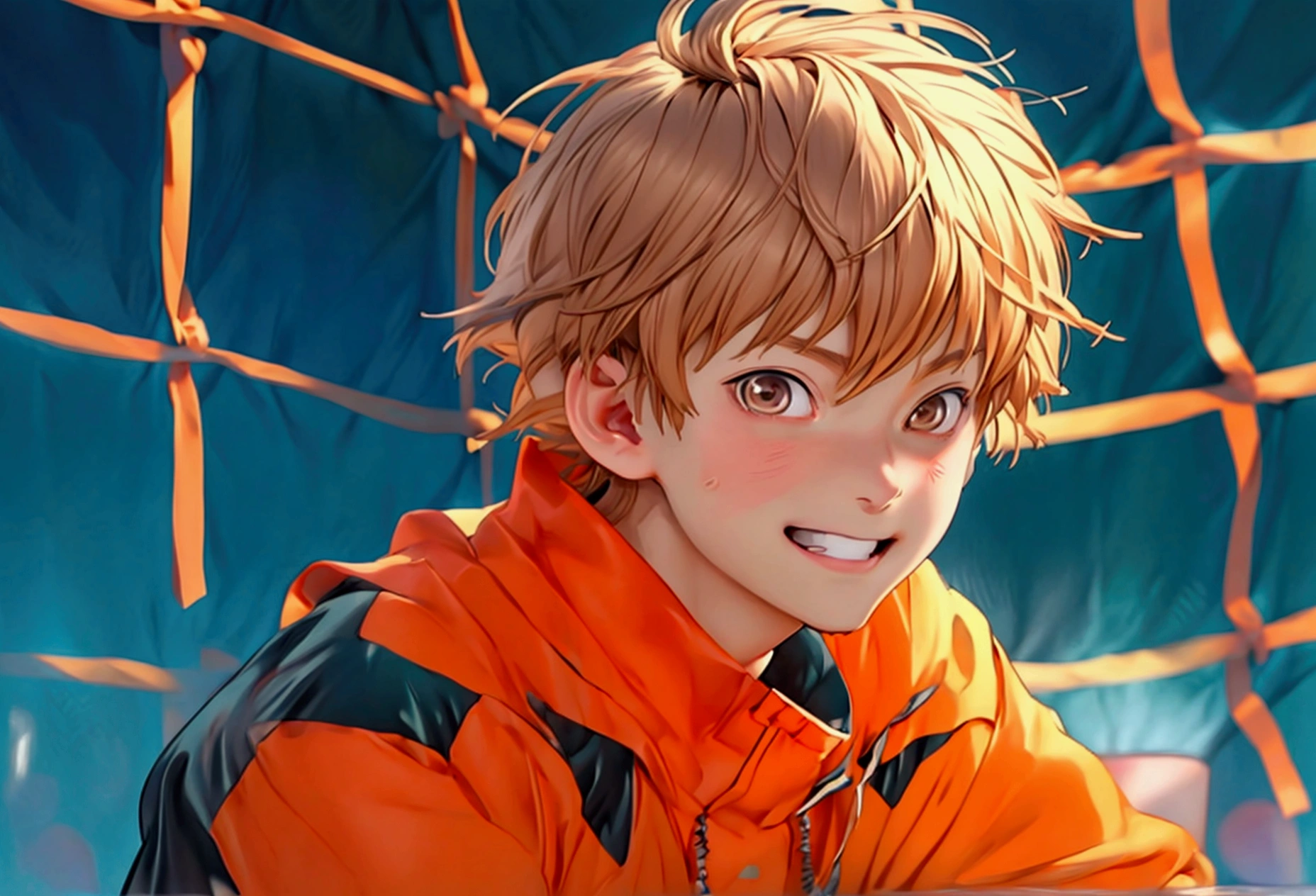 (Very realistic, concentrate、High resolution, Detailed face, Detailed Hair,fine grain),Official Art,8k wallpaper,figure,((One boy)), Shorthair with light brown hair、Light brown eyes、happy, Trendy clothing,sneakers,whole body,Hands hang down naturally,bright smile,orange hair color, Japanese anime style, anime volleyball boy, fluffy hair, boy 15 year old