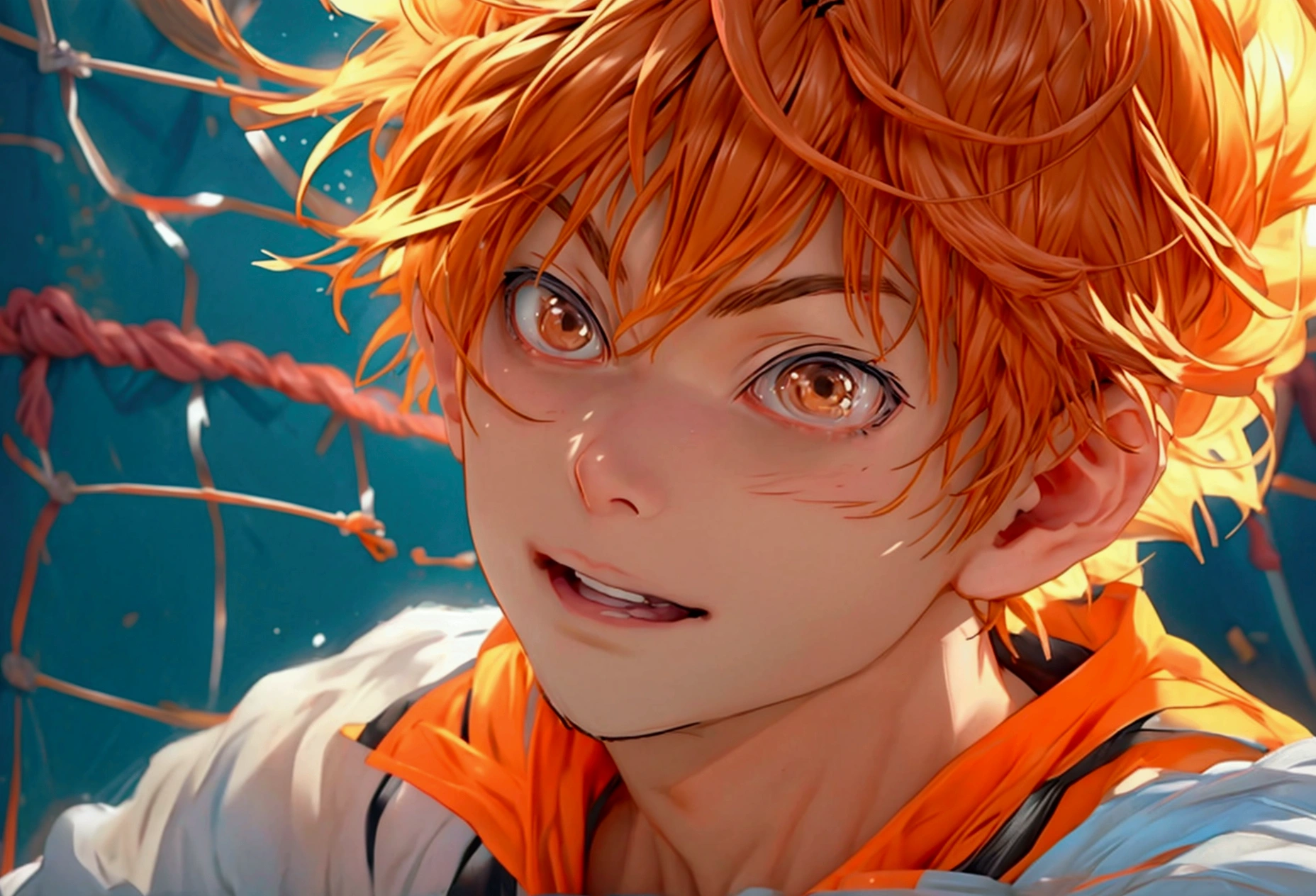 (Very realistic, concentrate、High resolution, Detailed face, Detailed Hair,fine grain)，Official Art，8k wallpaper，figure，((One boy)), Shorthair with light brown hair、Light brown eyes、happy, Trendy clothing，sneakers，whole body，Hands hang down naturally，bright smile,orange hair color, Japanese anime style, anime volleyball boy, fluffy hair, boy 15 year old 