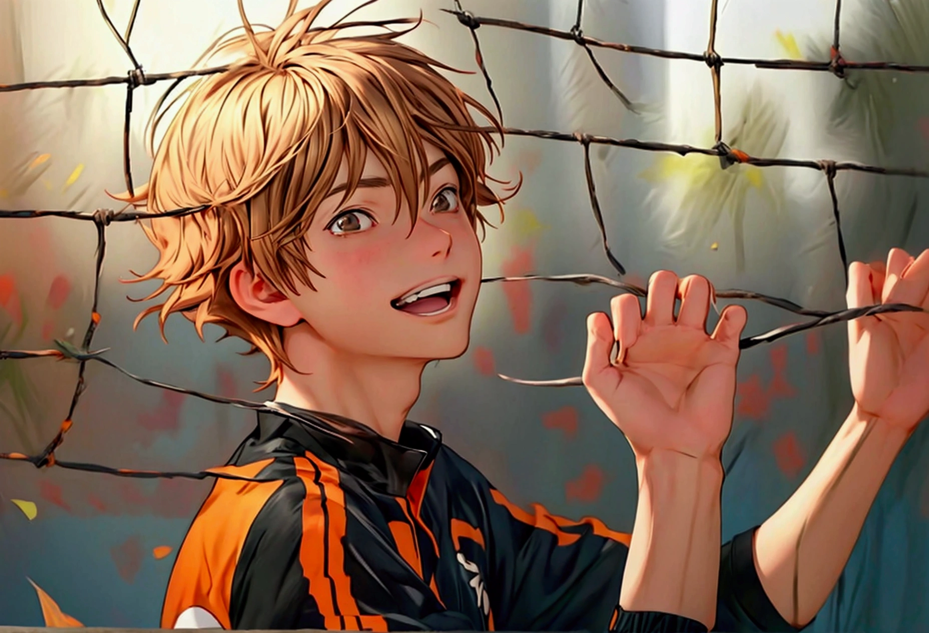 (Very realistic, concentrate、High resolution, Detailed face, Detailed Hair,fine grain)，Official Art，8k wallpaper，figure，((One boy)), Shorthair with light brown hair、Light brown eyes、happy, Trendy clothing，sneakers，whole body，Hands hang down naturally，bright smile,orange hair color, Japanese anime style, anime volleyball boy, fluffy hair, boy 15 year old 