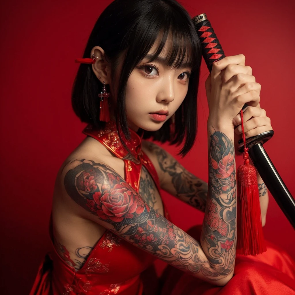((masterpiece))),(((best quality))),((super detailed)),((extremely delicate and beautiful)),(wide shot, wide-angle lens,Panoramic:1.2),super wide Angle,Low Angle shooting,super wide lens, xuer ai yazawa style girl,1girl,solo,tattoo,red background,red eye