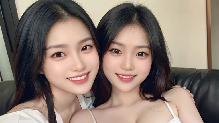 (((2 Girls Two Shot (2 Girls Two Shots)))), Realistic:1.2,masterpiece,highest quality，98k,((Two Women)),20-year-old,Japanese women、Tight waist,Perfect Anatomy, Brown Hair, Wavy Hair,Random Hairstyles,Big beautiful breasts,((Fully detailed face and eyes:1.2))((Cute Face:1.2))，Random Pause，smile, Full Body Shot,Natural Face,Big Breasts,white bikini reveals cleavage,