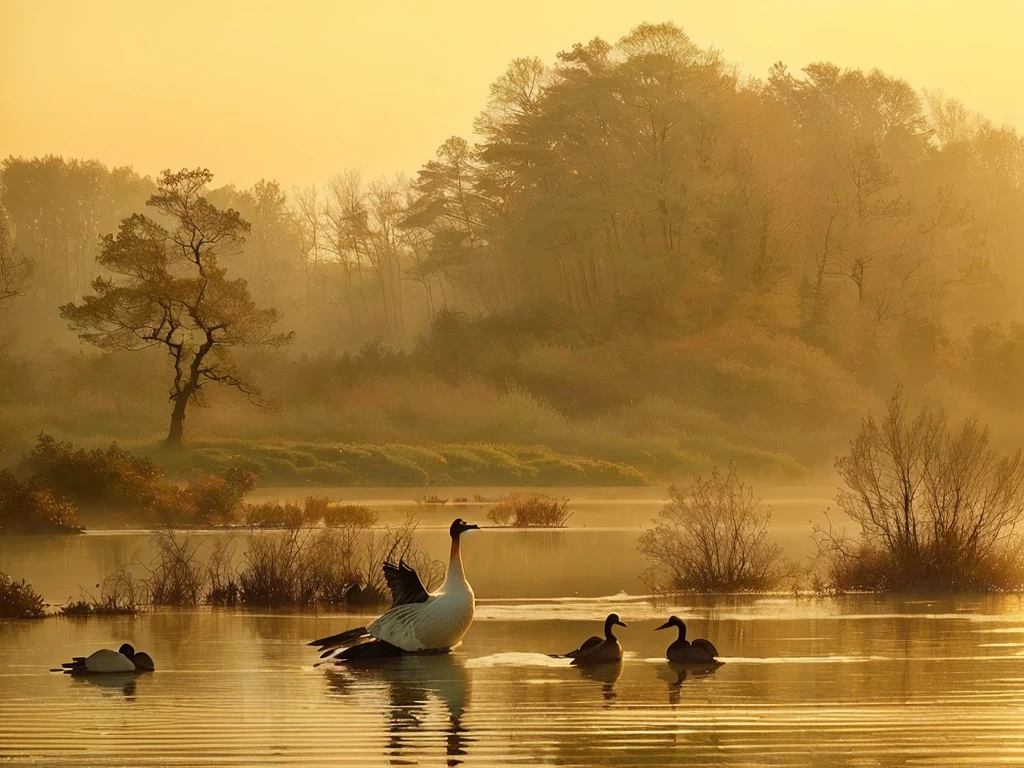 鸭子和Goose在湖中游泳,Background with trees, fog and 天Goose over the river, 天Goose, black 天Goose, In the misty pond, award winning nature photograph, award winning nature photo, peaceful scene, The beauty of natural landscape, warm beautiful scene, beautiful nature, extremely beautiful and ethereal, beautiful, Frederick Goodall (Frederick Goodall) of inspiration, Goose, cold but beautiful