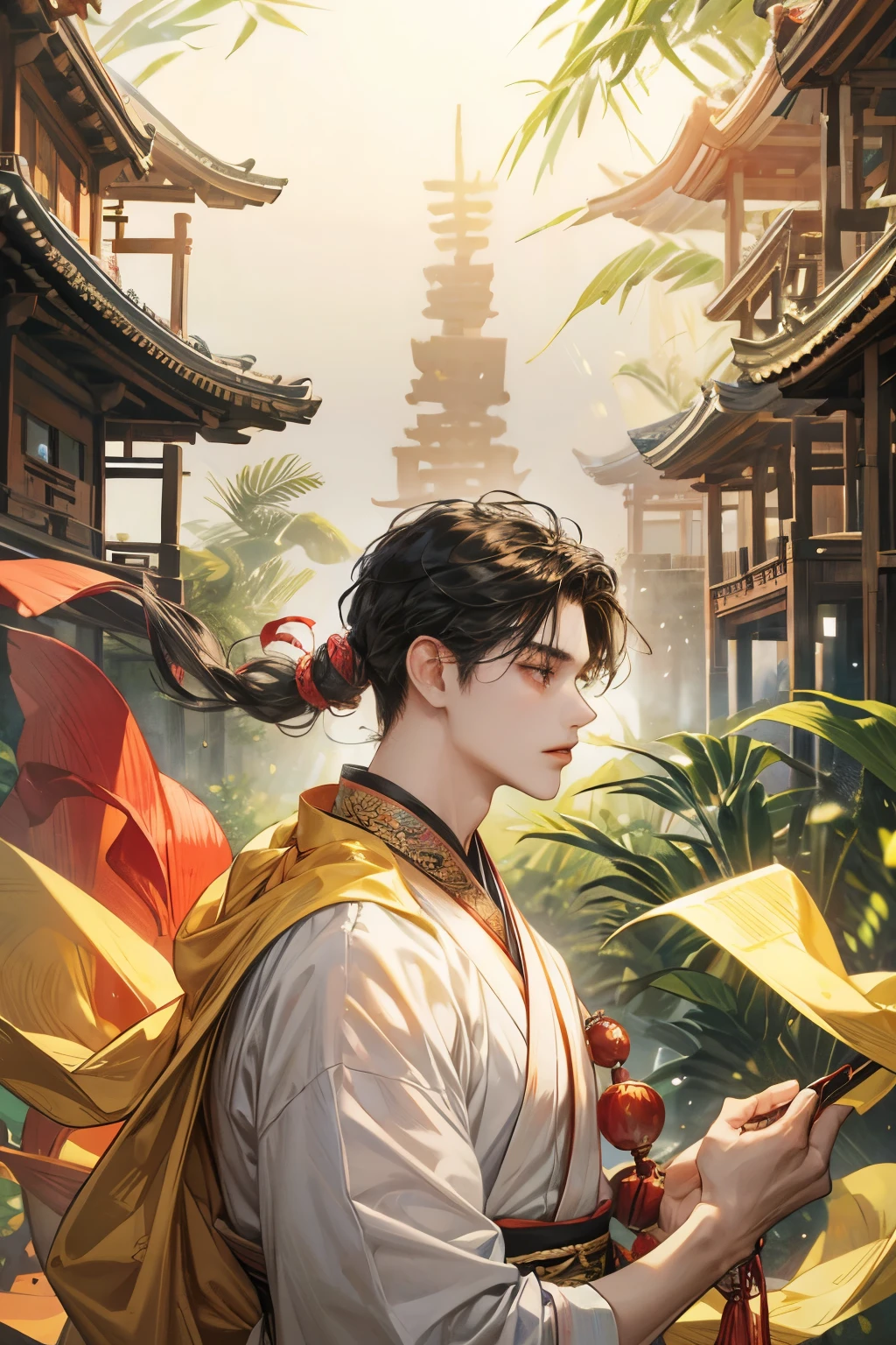 A side view of a young boy dressed in a colorful Hanfu, very long black hair, showcasing the details and the movement of the fabric in the wind. He wears large prayer beads around his neck and stands confidently, holding a fireball inscribed with ancient characters bamboo forest background, creating a powerful and mysterious atmosphere.  strong winds, and beams of divine light, solf light, colorful shade, natural background, hi-quality, masterpiece, very delails, highly details.
