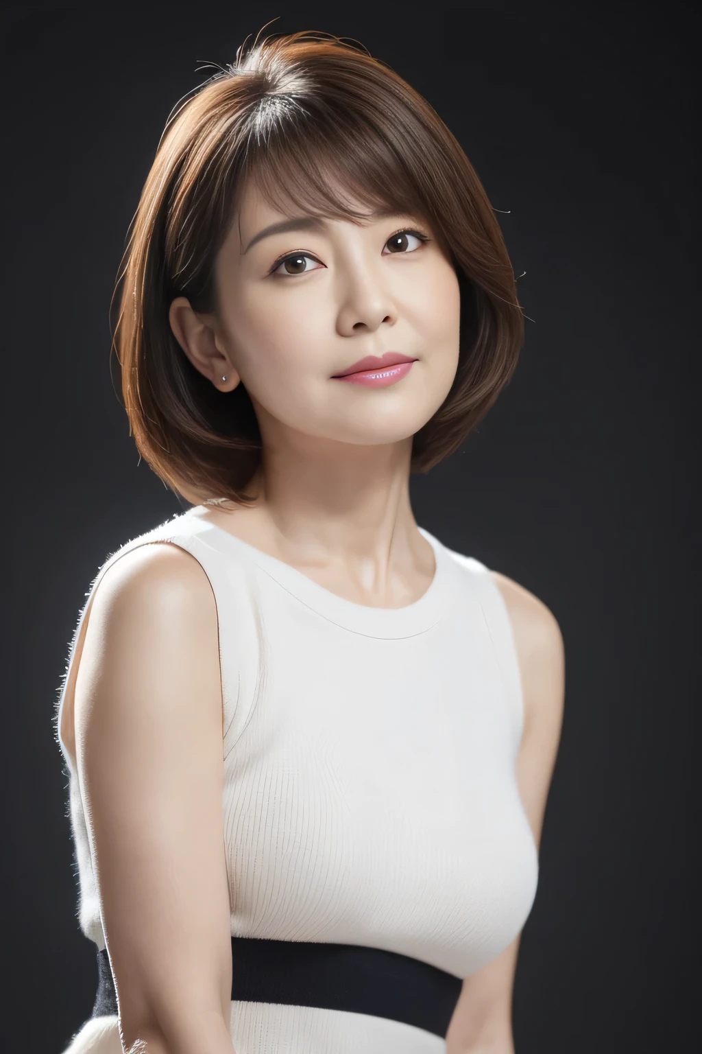Masseter region, Highest quality, masterpiece, High resolution, Realistic, RAW Photos, 8k wallpaper, perfection, Professional Lighting, Very detailed, Gray background, ((50 year old japanese mature)), Chubby body type, Sexy Woman, Detailed face, Beautiful Eyes, bangs, Big and ample breasts, Straight light brown hair reaching to the shoulders, Faint lips, ((Stand facing the center of the screen, View your audience, Serious face)), White sleeveless summer sweater,  White mini skirt, legs protruding from the frame,, Looking at the audience, Cowboy Shot