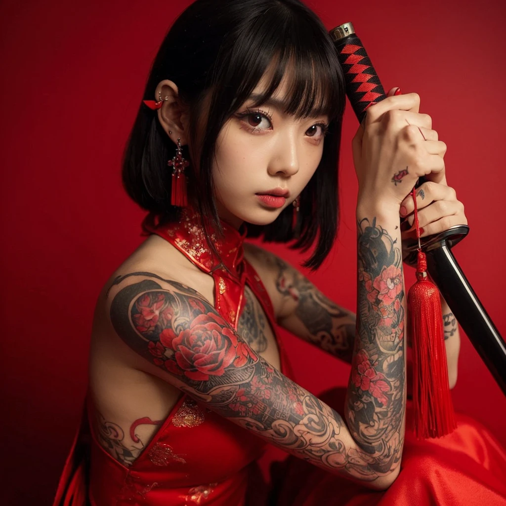 ((masterpiece))),(((best quality))),((super detailed)),((extremely delicate and beautiful)),(wide shot, wide-angle lens,Panoramic:1.2),super wide Angle,Low Angle shooting,super wide lens, xuer ai yazawa style girl,1girl,solo,tattoo,red background,red eye