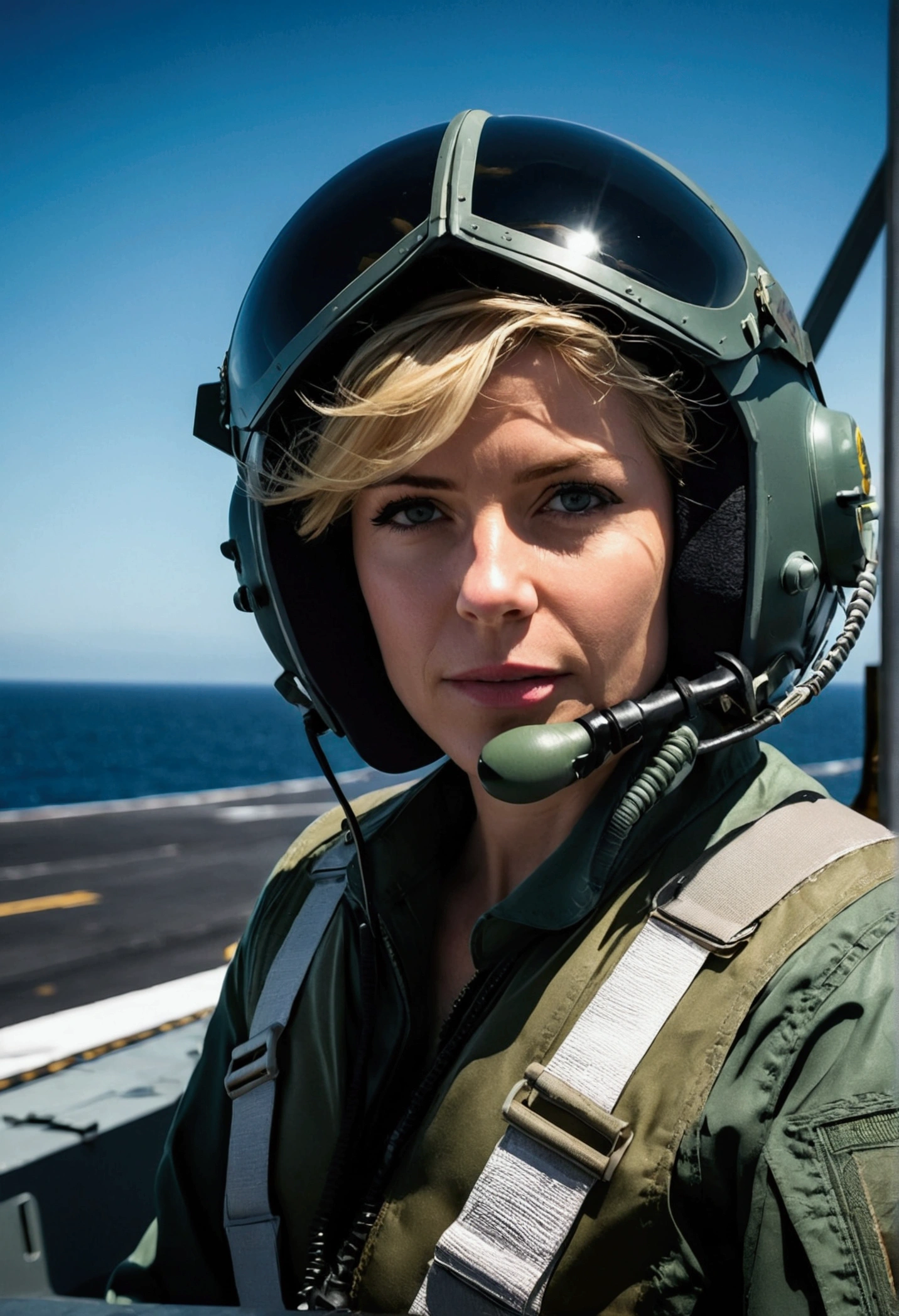 8-K Quality, High Definition, Fighter Pilot, A blonde woman, Flight deck of an aircraft carrier, The moment she gets into the cockpit, Beautiful, Good style, Clear sea, Dark shadow, Her plane is an FA-18, She is about to put on her flight helmet,