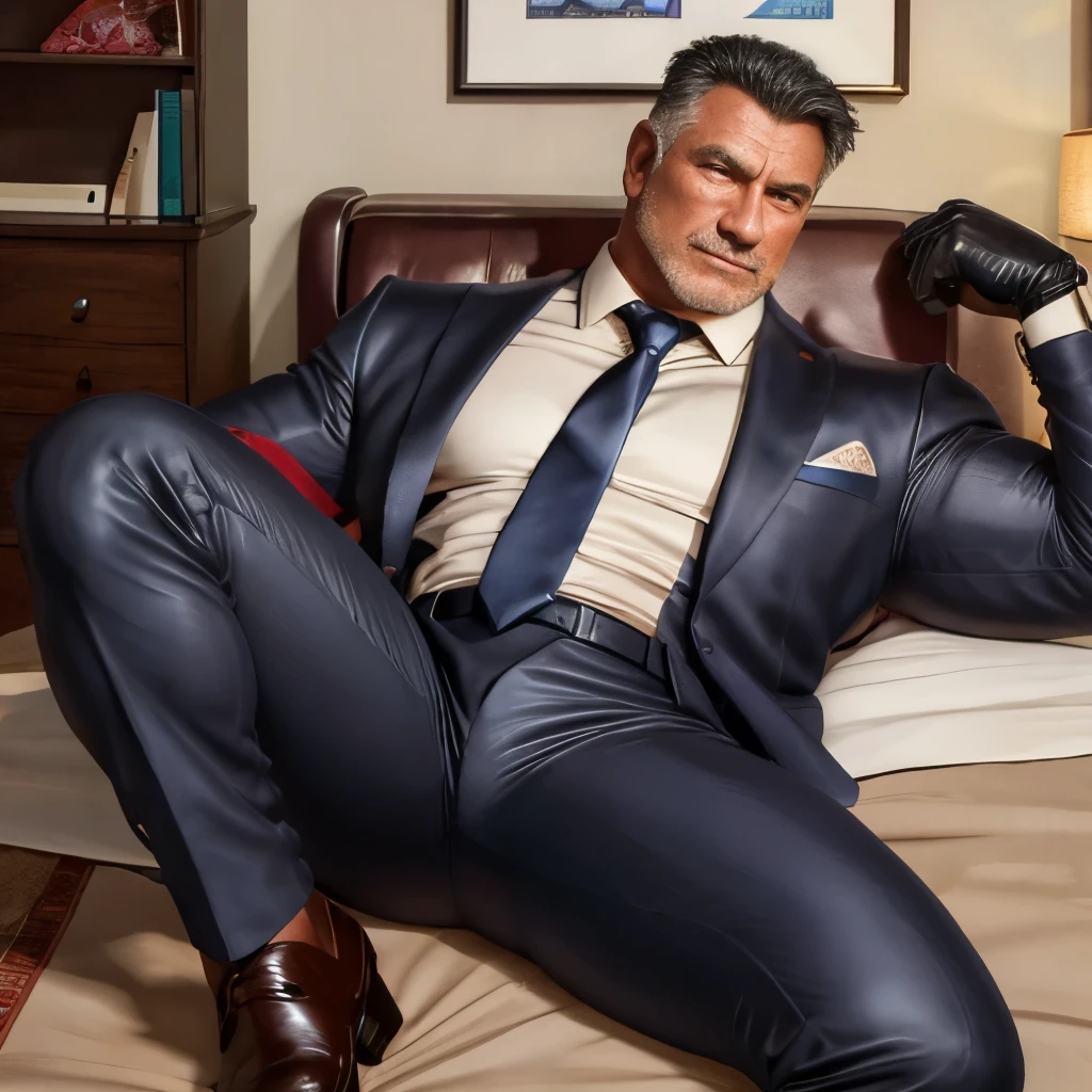 50 years old,daddy,"shiny suit",wear white shirt, very glossy pants, necktie, waistcoat, shiny satin trousers,dark gray satin fabric ,Dad lie down on bed, k hd,in the office,"big muscle" ,black hair,asia face,masculine,strong man,the boss is,handsome,,leather gloves,lecherous dad,look straight ahead,dad is handsome,dad is handsome, dad is "big horny daddy"