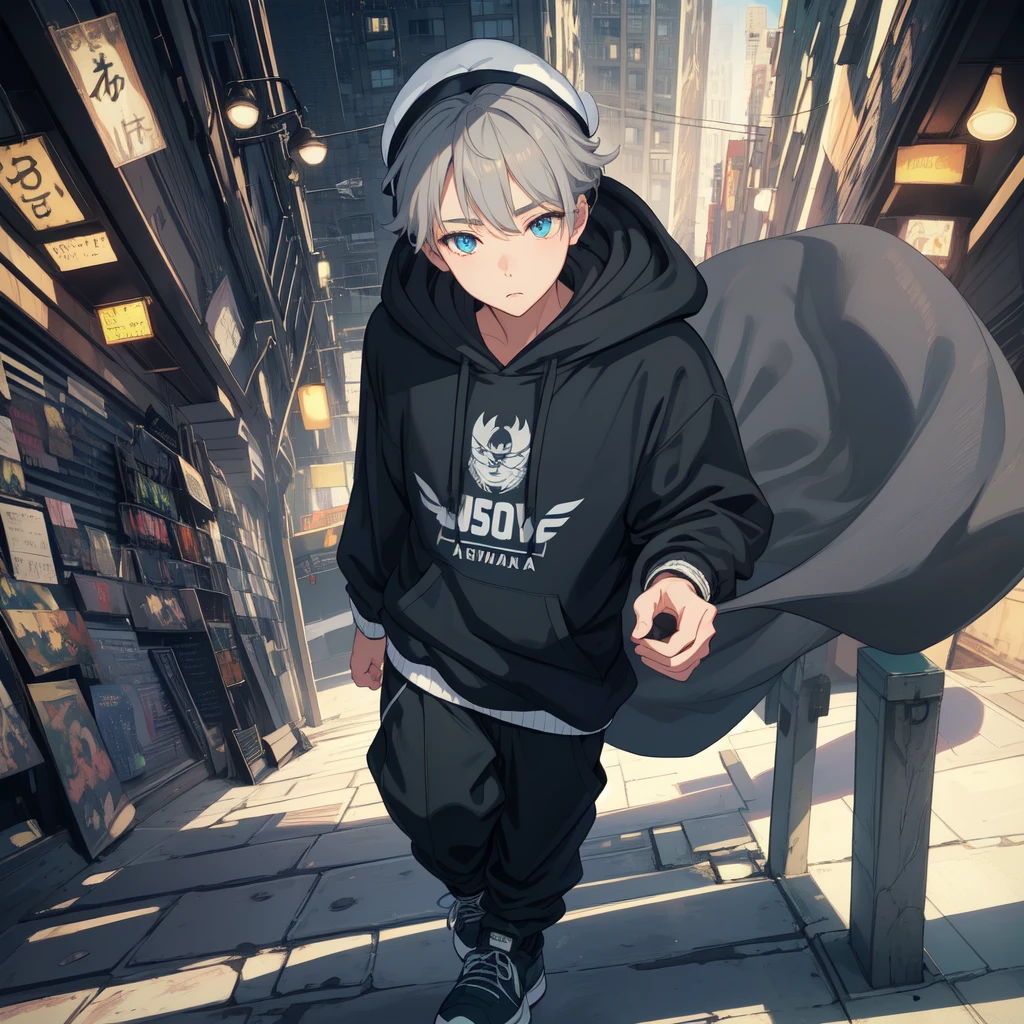 (masterpiece:1.2, Highest quality), (Beautiful, detailed eyes: 1.2), (Very detailed CG ユニティ 8k 壁紙, masterpiece, Highest quality, Very detailed, Best Shadow), (Detailed Background), (Beautifully detailed face, Beautiful attention to detail), High Contrast, (Best lighting, Very delicate and beautiful),(One boy),(Blue knitted hat),(Charcoal hair color),Black Cape,Grey hoodie,Emerald green trousers,Black sneakers