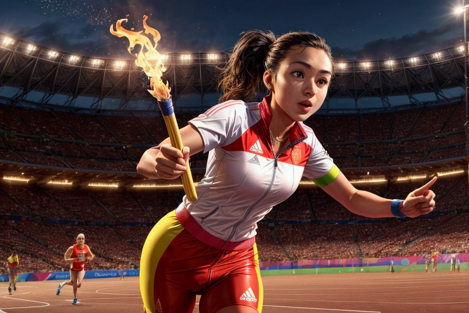 This photo was taken at the entrance of the torch at the modern Olympics.,
Olympic Stadium,(A torch runner running alone),
Olympic information is displayed on the vision screen,
The venue is well lit with cutting edge architectural technology and ample lighting.,
(Torch relay runners in close-up),