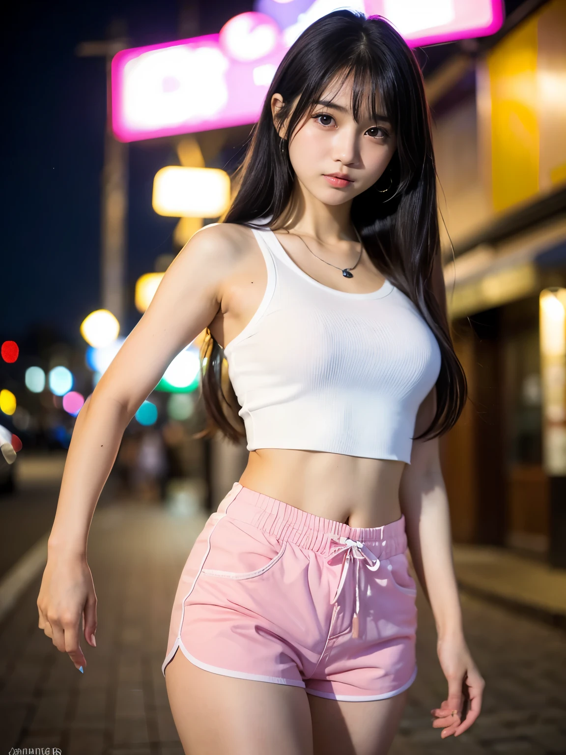 (Best-quality, Masterpiece, Ultra-High-Resolution, (Photorealistic:1.4), Raw Photo, depth of field, professional lighting, perfect anatomy, extremely details), (at midnight, on Japanese-main-street, beautiful night-sky, beautiful star, beautiful moon), 1girl, -yeld, thost famous Japanese idol, (wearing white sleeveless-shirt and light-pink shorts), standing, (extremely cute face, (((extremely cute and extremely big black-eyes))), extremely cute and extremely black-long-hair, (((extremely beautiful and extremely realistic skins))), extremely cute long-eyelashes, extremely cute lips, extremely beautiful thighs)