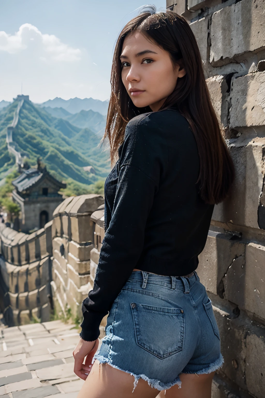 Generate a realistic, human-captured image of a person wearing denim shorts paired with black tights. The background should include a famous site, like the Great Wall of China.