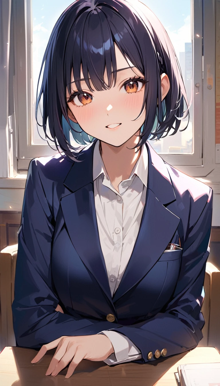 A high school girl with black short bob hair, wearing a navy blazer ,驚く