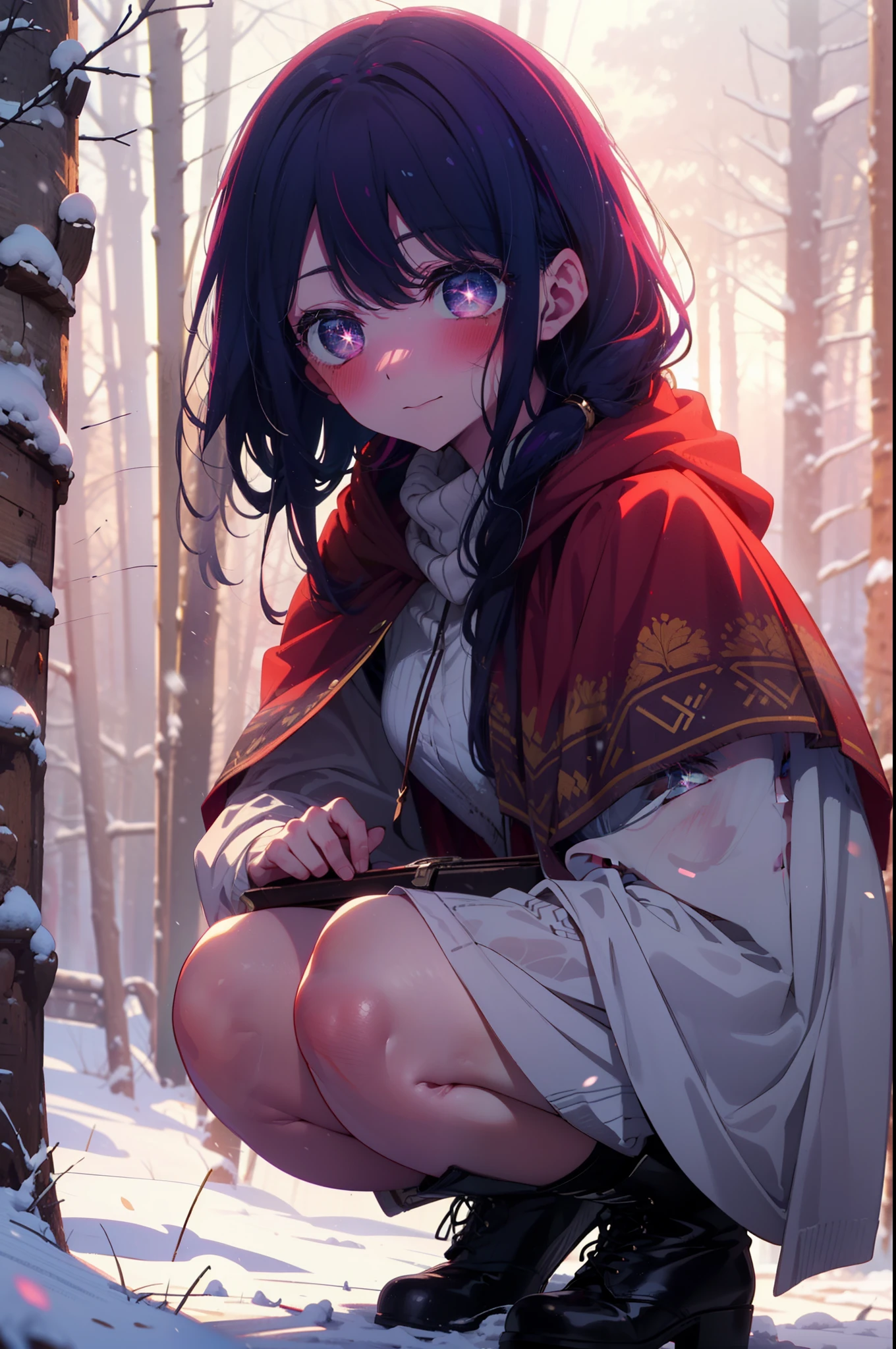 aihoshino, Ai Hoshino, Long Hair, bangs, (Purple eyes:1.1), Purple Hair, (Symbol-shaped pupil:1.5), smile,,smile,blush,white breath,
Open your mouth,snow,Ground bonfire, Outdoor, boots, snowing, From the side, wood, suitcase, Cape, Blurred, , forest, White handbag, nature,  Squat, Mouth closed, Cape, winter, Written boundary depth, Black shoes, red Cape break looking at viewer, Upper Body, whole body, break Outdoor, forest, nature, break (masterpiece:1.2), Highest quality, High resolution, unity 8k wallpaper, (shape:0.8), (Beautiful and beautiful eyes:1.6), Highly detailed face, Perfect lighting, Extremely detailed CG, (Perfect hands, Perfect Anatomy),