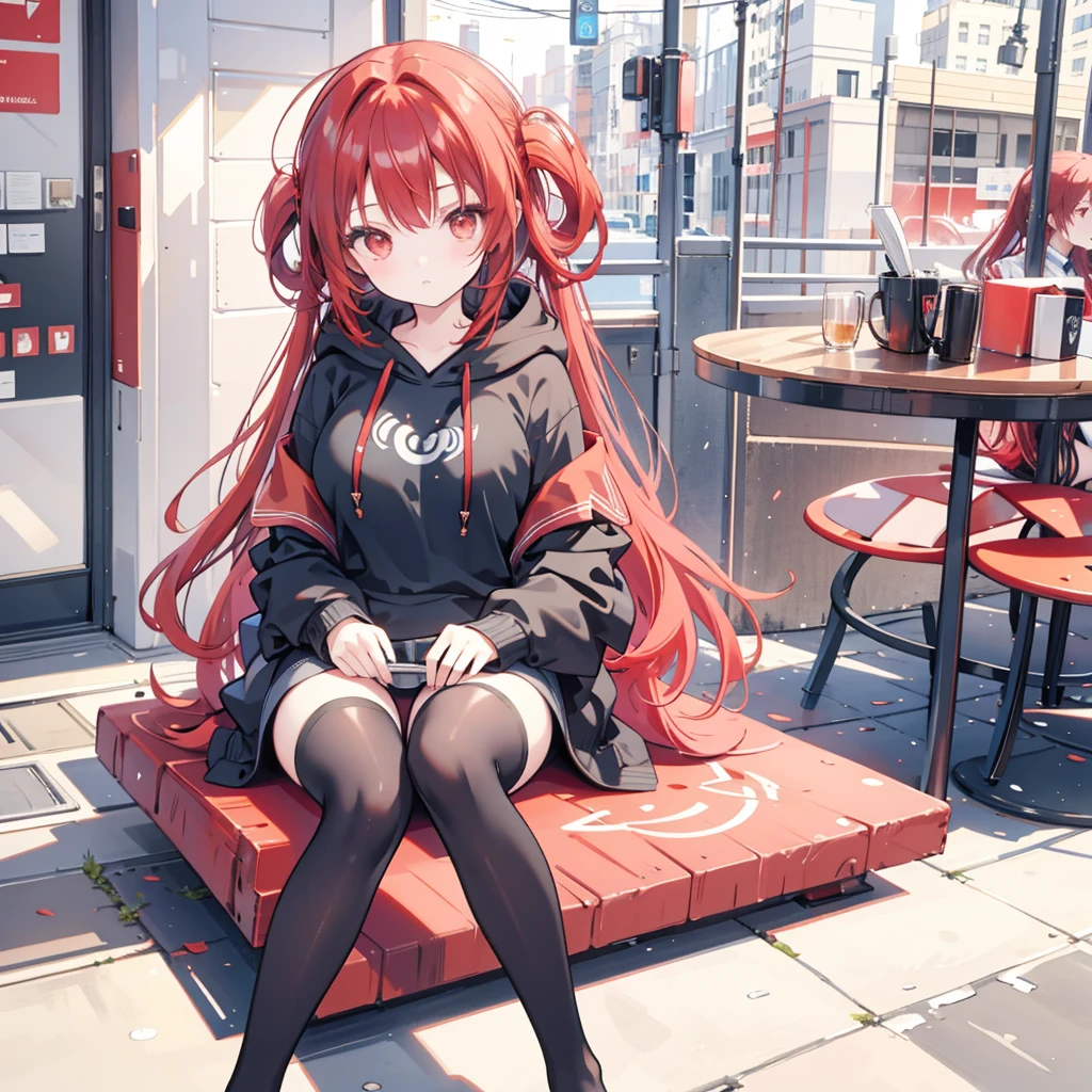 1 girl, Red hair, Coiled hairstyle, Wisps of hair on the face, Red Eyes, mascara, Oversized Hoodie, diaphragm, Hot Pants, Tights, laced Tights, sit, cafes, feet in Tights,Large Breasts, 8k, masterpiece,