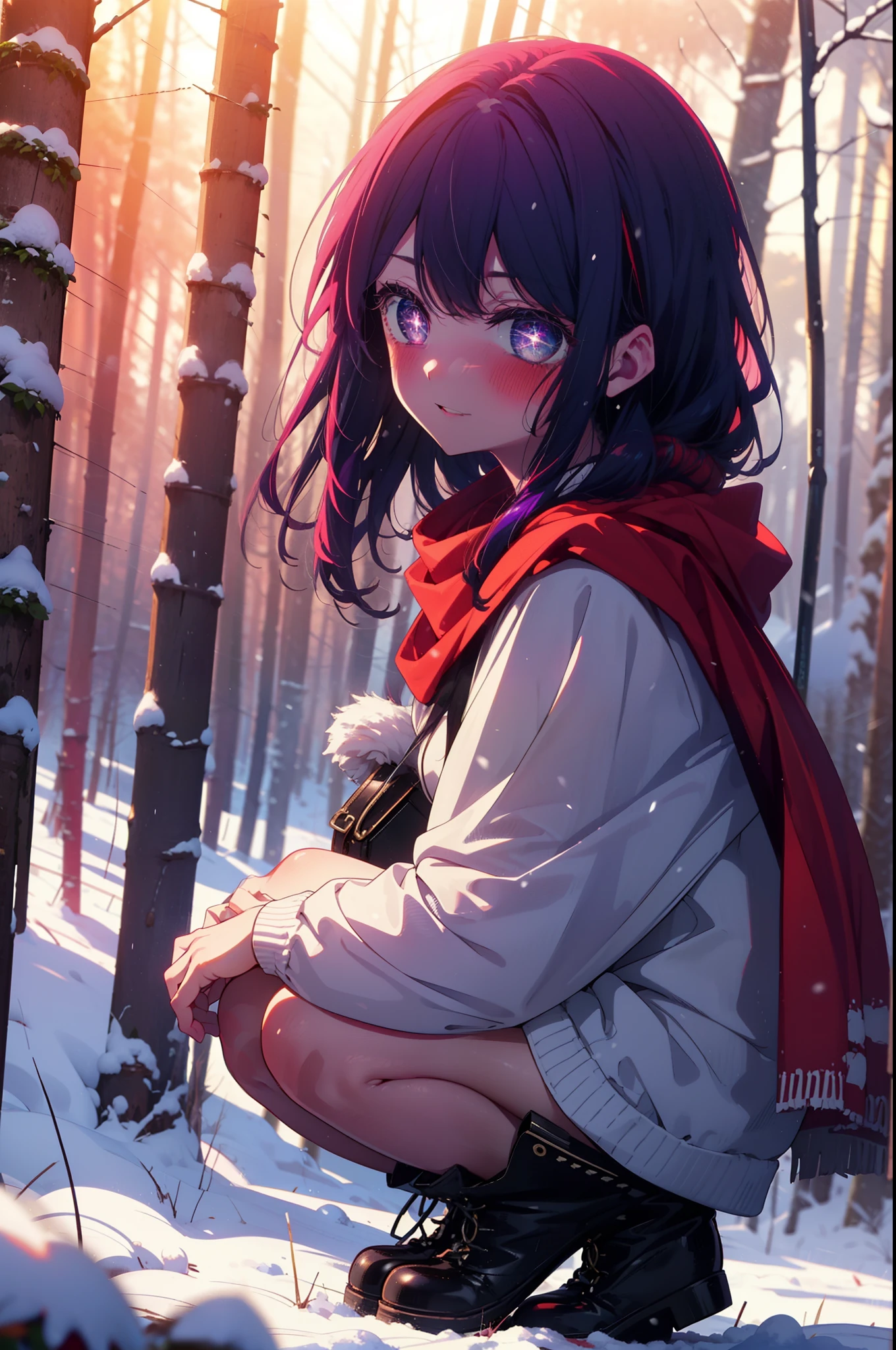 aihoshino, Ai Hoshino, Long Hair, bangs, (Purple eyes:1.1), Purple Hair, (Symbol-shaped pupil:1.5), smile,,smile,blush,white breath,
Open your mouth,snow,Ground bonfire, Outdoor, boots, snowing, From the side, wood, suitcase, Cape, Blurred, , forest, White handbag, nature, Squat, Mouth closed, Cape, winter, Written boundary depth, Black shoes, red Cape break looking at viewer, Upper Body, whole body, break Outdoor, forest, nature, break (masterpiece:1.2), Highest quality, High resolution, unity 8k wallpaper, (shape:0.8), (Beautiful and beautiful eyes:1.6), Highly detailed face, Perfect lighting, Extremely detailed CG, (Perfect hands, Perfect Anatomy),