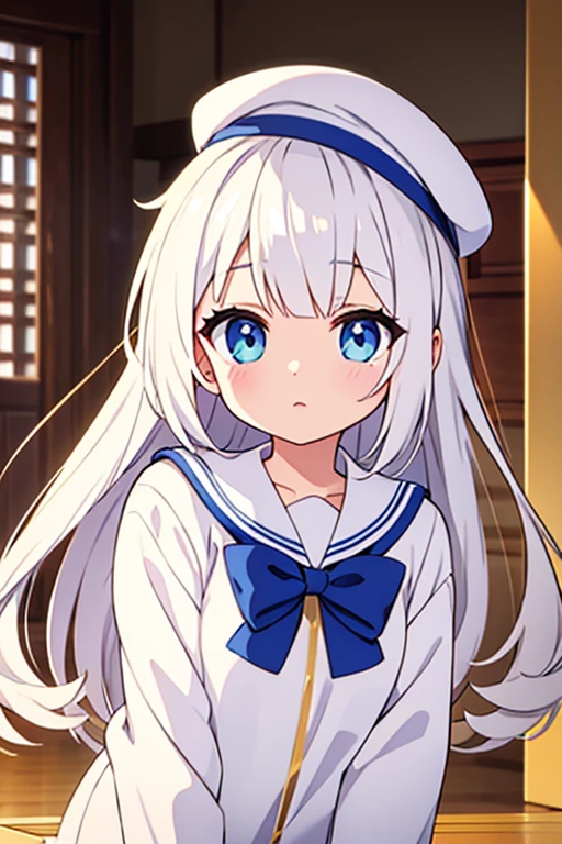 White cap with gold decoration、Long white hair、Sailor'White uniform、Yellow Eyes