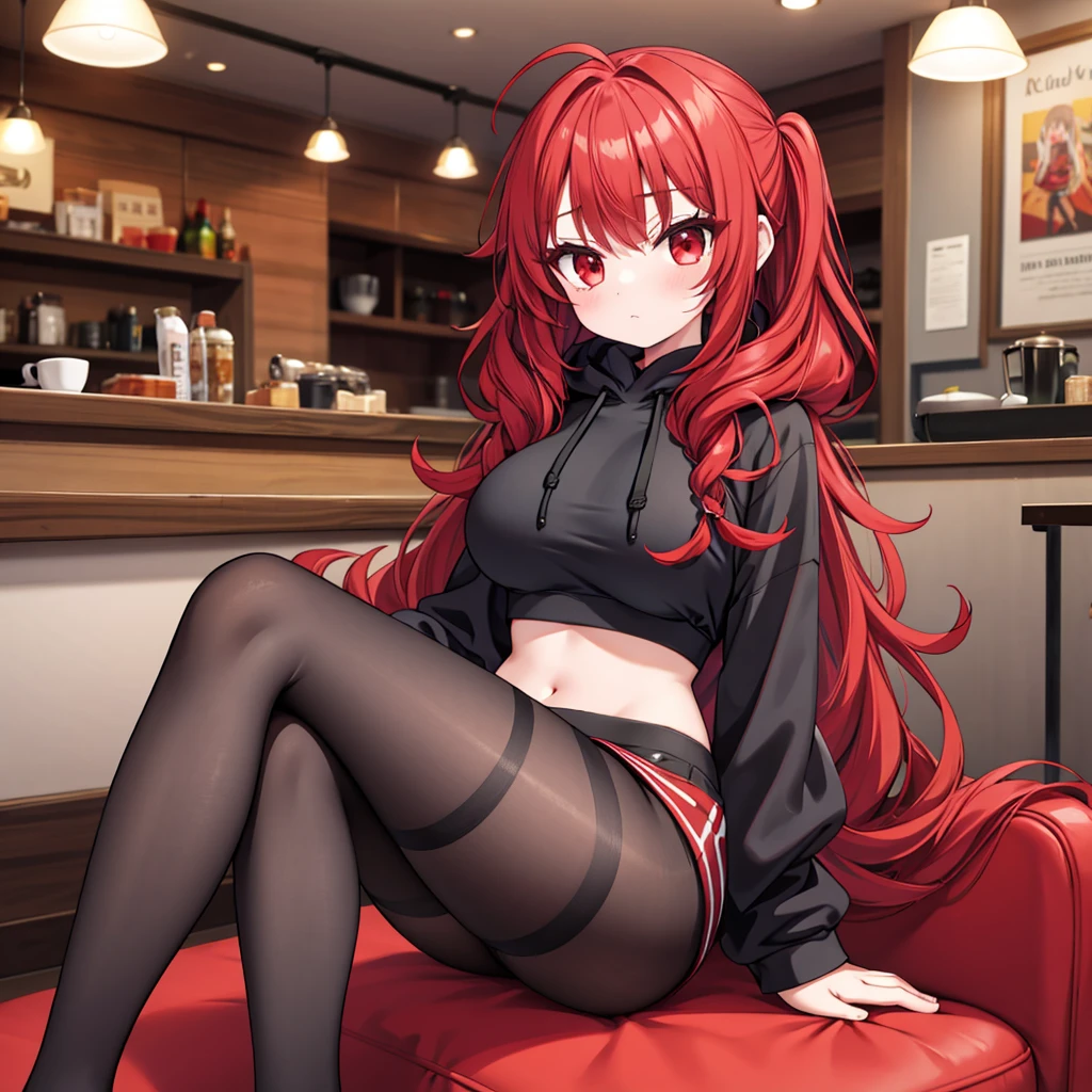 1 girl, Red hair, Coiled hairstyle, Wisps of hair on the face, Red Eyes, mascara, Oversized Hoodie, diaphragm, Hot Pants, Tights, laced Tights, sit, cafes, feet in Tights,Large Breasts, 8k, masterpiece,