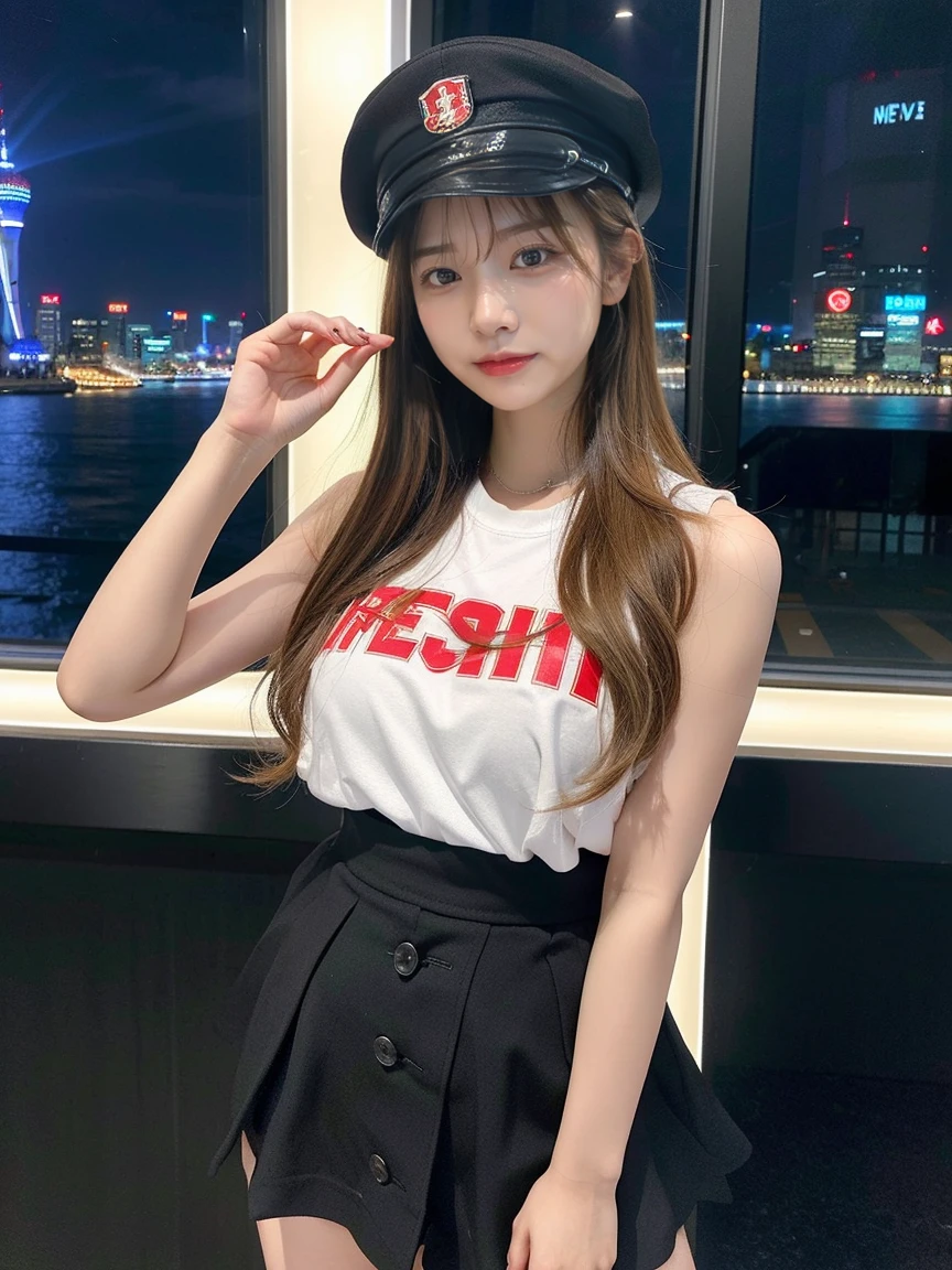 最high quality, masterpiece, 32K、Very detailed、Realistic、1 girl, Japanese women、Cute Face, (photo Actual:1.3),Medium Hair(Blonde Hair Color、Great brown hairstyles)、Edge lighting, (Skin with attention to detail:1.2), 8k超High resolution, Single-lens reflex camera, high quality, High resolution, 4K, 8k, Optimal ratio of four fingers to one thumb, (Actual:1.3), cute 1 girl, Realistic、Super Realistic、32K、Very detailed、masterpiece, 最high quality, beautiful girl, beauty、Mecha, Beautiful lighting, (Neon Light:1.2), (night:1.5), K-Pop Idol Costumes、Sleeveless outfit、Shorts、Large Breasts(big 、There is a valley)、Swiss flag t-shirt、Red and white cheerleader skirt、Black military cap(military uniform hat)、Are standing、Cyber Neon、Future City、Skyscraper、都会のnight、Shanghai、big cities、night景、綺麗なnight景