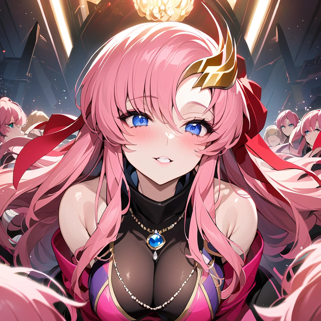 ((Highest quality)), ((masterpiece)), (detailed), （Perfect Face）、The woman is Lacus Clyne, a shrine maiden of an evil god and the wife of the leader of an evil god cult. She has blue eyes, medium-long pink hair, a hair ornament, is wearing the shrine maiden outfit of an evil god, a necklace with a devil symbol, other evil accessories, a gorgeous head chain tiara, and an engagement ring.、The woman is the wife of a middle-aged, bearded cult leader who is revered by a mysterious cult of evil gods.、He is standing at the altar of the Evil God Cult with a mysterious cult leader dressed in luxurious cult leader clothing.