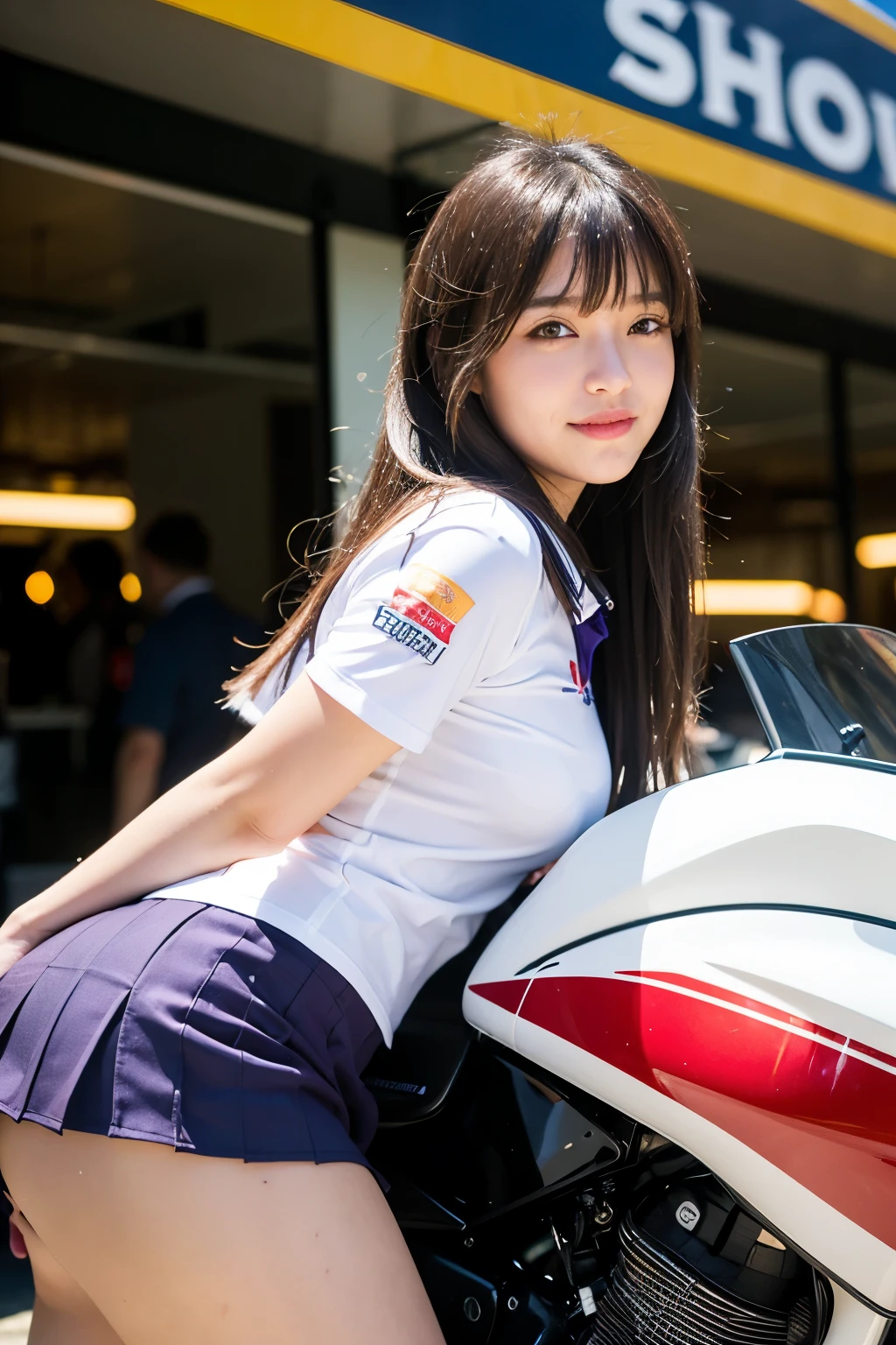 ((masterpiece)), ((best quality)), ((ultra-detailed)),((hyperrealistic)),shiny skin,1girl,,(((swept bangs))),hair intakes ,black hair,long hair,straight hair,sidelocks,sideburns,((dark purple eyes)),medium breasts,14 years old,smile,(grid girl,pit girl,Paddock girl,miniskirt,white shirt),dynamic angle,circuit,((Wearing a grid girl outfit with sponsor's logo printed, costume, uniform, race queen)),skirt suit, motor show,motorcycle, racing car,((from below)),