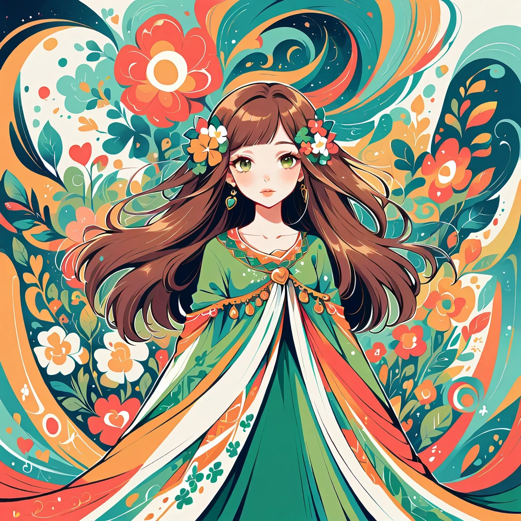 Mai Yoneyama style, Standing in front of a high wall,Simple Line Initialism,Abstract art,jungle Background, (((The most beautiful Irish girl) with traditional Irish dress)), colorful flowers, Lips in Love