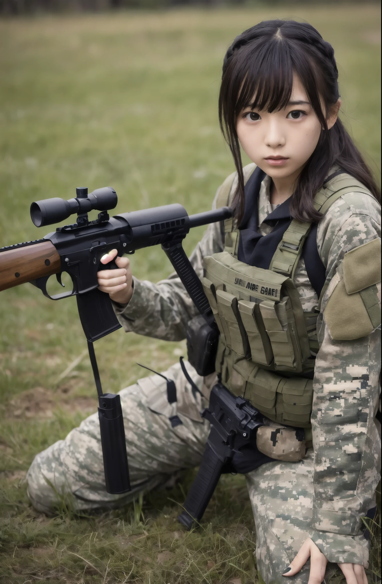Beautiful Japanese 16 year old girl in Japanese high school sailor suit fighting on the battlefield、Light Muscle、World War、Modern Warfare Theme、Army Girl、rifle、(Rifle retention: 1.3)、(Rifle aiming and holding: 1.3)、Soldier Girl, Infantry Girl, Gunfight, air raid, Airstrike, army, Camouflage, burning vehicle, bio zone, battlefield, bio, What's left behind, explosion, Burning City, cigarette, (Wearing an army helmet), Ripped tank top, belly button, gloves, Torn army trousers、Face stained with mud and blood、Sweaty skin、bloody skin、Muddy skin、small、Cleavage、Sad look of despair、Painful expression、Anatomically correct body、Highest quality、Ultra-high resolution、Confused、Genuine、Physically Based Rendering、Cinema Lighting、Complex, Cinematic look、Cinematic soft light、Calm tones、Battlefield Background、Background of the urban bio、Realistic、Cowboy Shot、Dynamic Angle