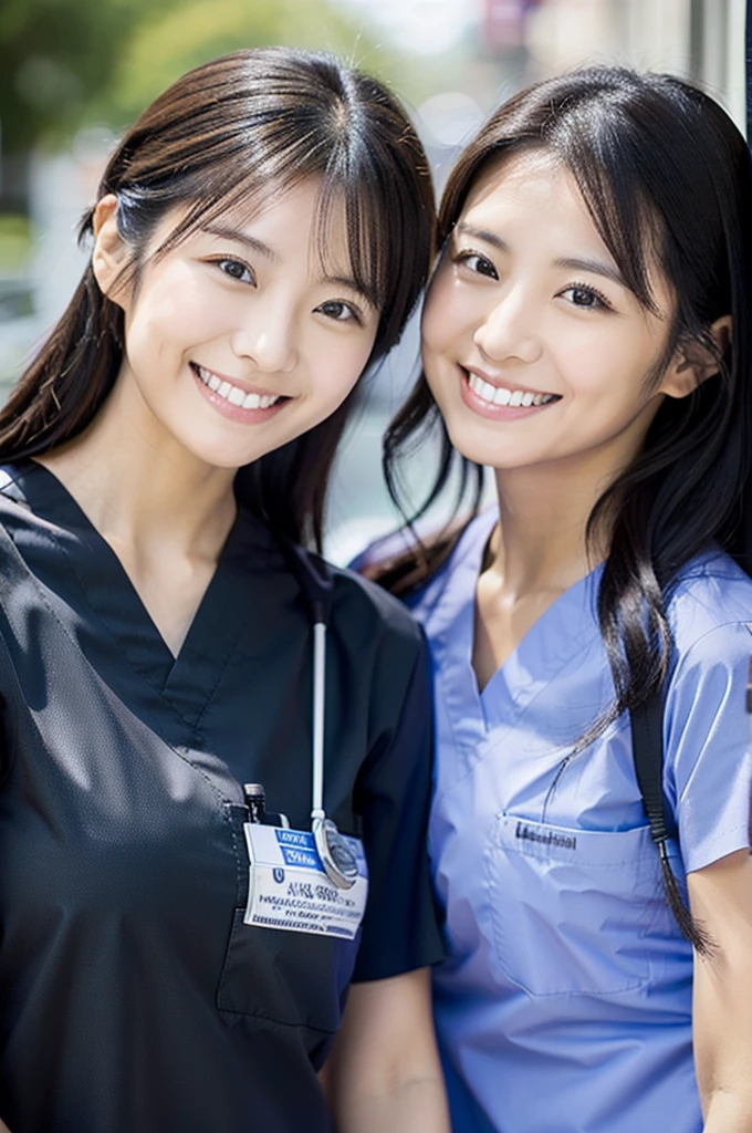 Dental hygienist, two women, smiling, wearing black medical scrubs, short sleeves, Japanese, black hair, women in their early 20s Upper body close-up high resolution Highest quality Shooting outside No accessories included Harmony々