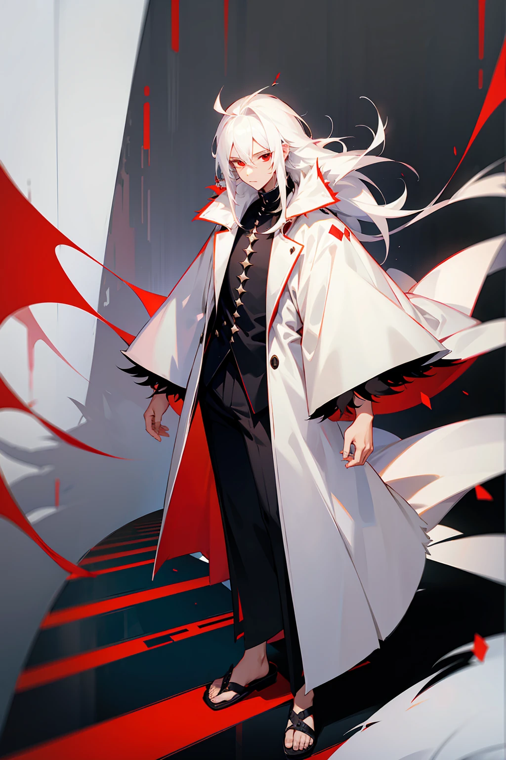male、Silver hair with one eye hidden by long hair、Long Hair、Black clothes、Black coat、first round、Red eyes