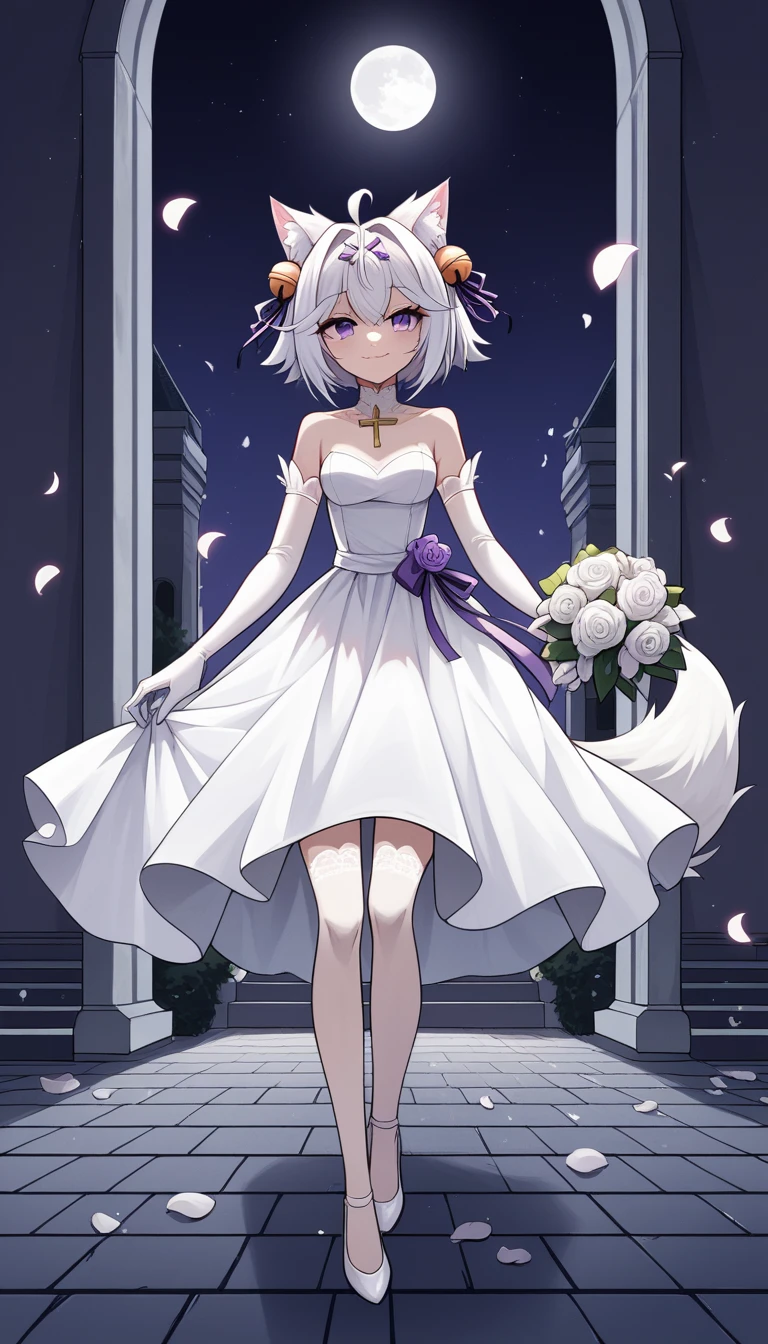 UHD, masterpiece, best quality, ((night)), moon, moonlight, soft light, church, 1girl, solo, Filian, fox tail, small cat ears, white hair, short hair, ahoge, hairclip, hair bell, twin double ponytail at the back, deep violet eyes, blush, happy smile, a-line wedding dress, white veil, white lace arm sleeves, white gloves, white lace stockings, white high heals, slim arms, slim legs, Eye-Level Shot, holding bridal bouquet with purple ribbon, ((hidden hand)), front view, full body pose, cross legs, innocent pose, scattered flower petals, ((petals falling)