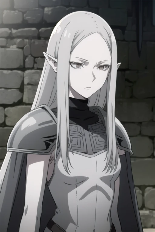 cape, armor, bodysuit, shoulder armor, pauldrons, irene, long hair, white hair, pointy ears, (grey eyes:1.5), colored skin, elf, grey skin, dark elf, solo, 1girl, 