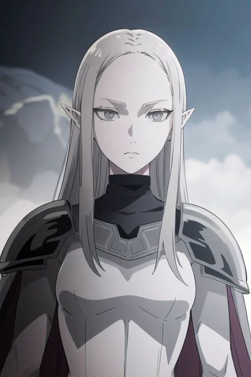 cape, armor, bodysuit, shoulder armor, pauldrons, irene, long hair, white hair, pointy ears, (grey eyes:1.5), colored skin, elf, grey skin, dark elf, solo, 1girl, 