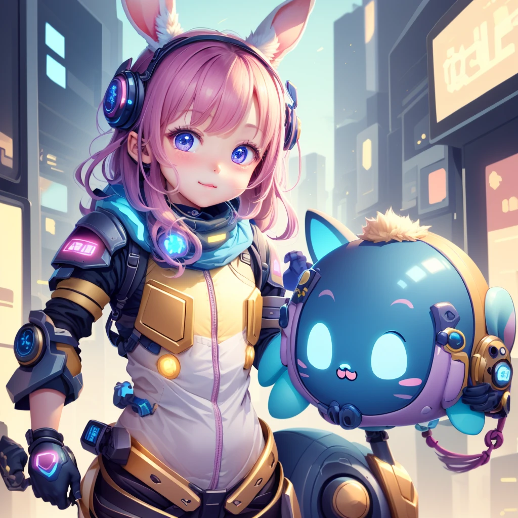 Front facing the viewer、cyber punk、Little、cute、It has a charming rabbit character appearance.、kawaii tech,