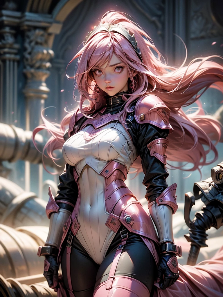 a pinkhaired scandinavian girl with half plate armor and frilly skirt over a skintight bodysuit, (Long pink Hair:1.4), pink Eyes, HDR (High Dynamic Range), Ray Tracing, NVIDIA RTX, Super-Resolution, Subsurface Scattering, Anisotropic Filtering, Depth-Of-Field ,Maximum Clarity And Sharpness, Surface Shading, Two-Tone Lighting, medieval style.