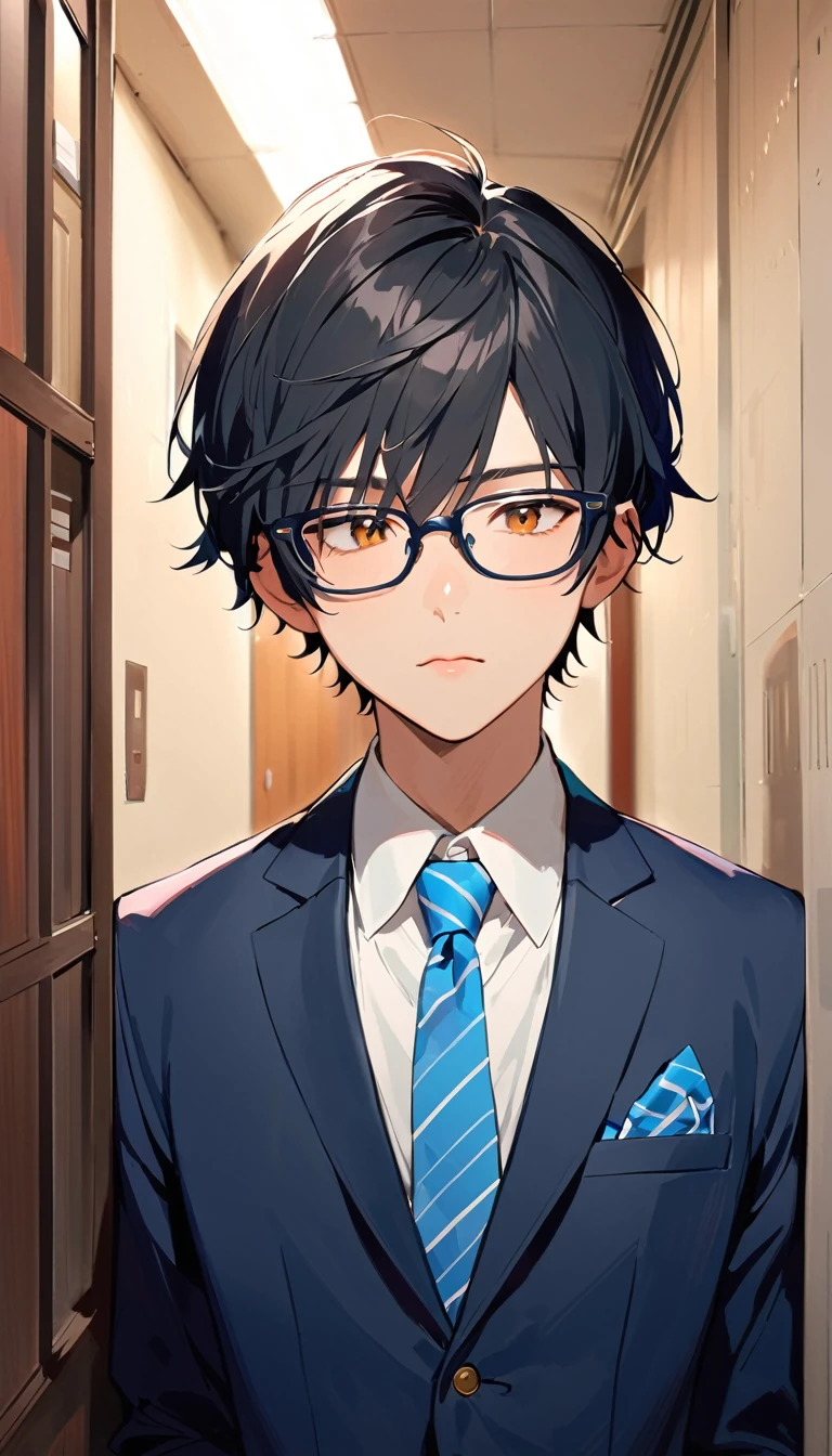 18 years old, a handsome boy, Black Hair, Short Hair,Glasses, blazer,Blue tie, high school student,Introvert,Are standing,Looking down,corridor,(Upper Body),((looking at the camera))