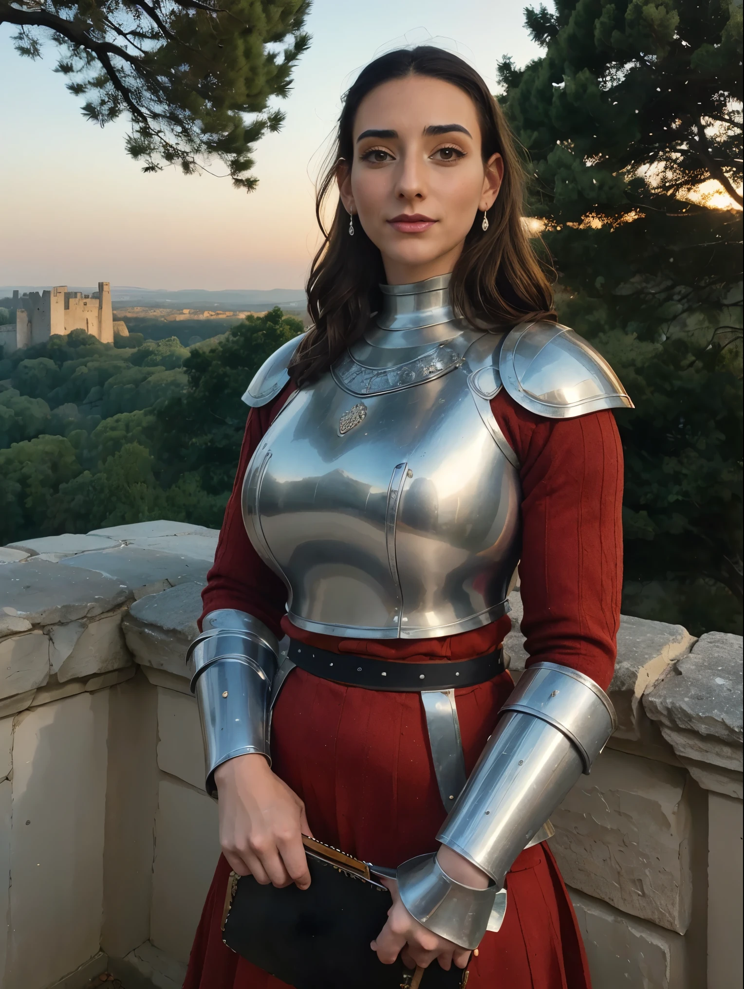 Gorgeous and sultry busty athletic (thin) brunette queen with sharp facial features wearing a modest updo, crown braid, ornate ceremonial (plate armor), dark red tunic, dark red hauberk, silver medieval armor, long sleeves, intricate patterns, filigree, gauntlets, pauldrons, breastplate, crown, silver belt, (waist chain), medieval jewelry, Middle Ages, castle, rampart, wall, exterior, on top of a castle wall, trees, countryside, evening, sunset.
