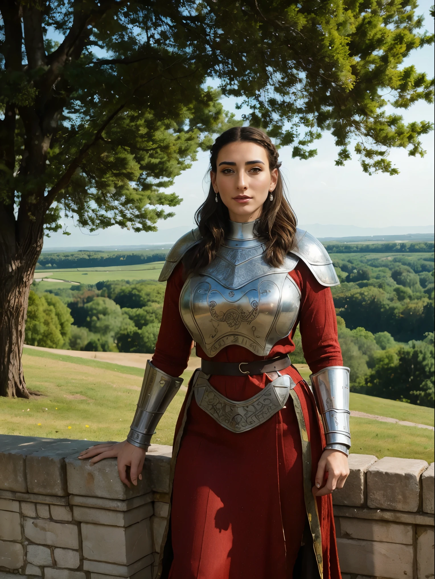 Gorgeous and sultry busty athletic (thin) brunette queen with sharp facial features wearing a modest updo, crown braid, ornate ceremonial (Medieval plate armor), dark red tunic, dark red hauberk, silver medieval armor, long sleeves, intricate patterns, filigree, gauntlets, pauldrons, breastplate, crown, silver belt, (waist chain), medieval jewelry, Middle Ages, castle, rampart, wall, exterior, on top of a castle wall, trees, countryside, evening, sunset.