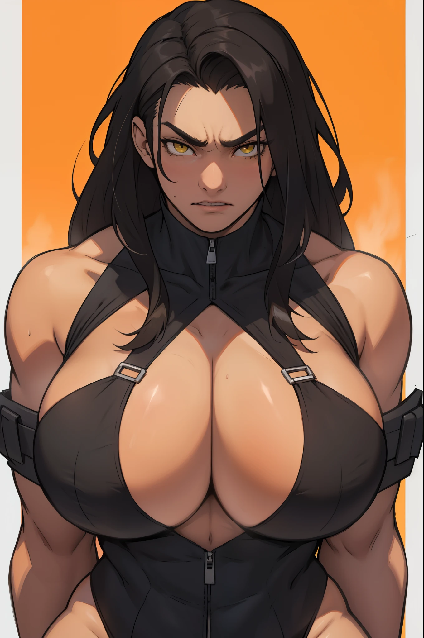 huge breasts huge breasts huge breasts muscular muscular muscular thick thick thick black hair yellow eyes pale skin female sad frown cleavage long straight hair long straight hair long straight hair long straight hair