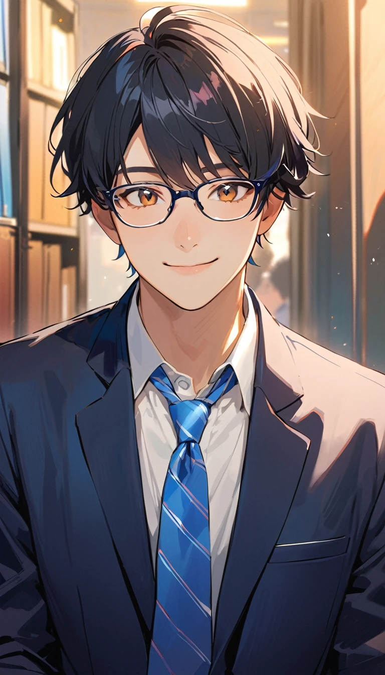 18 years old, a handsome boy, Black Hair, Short Hair,Glasses, blazer, Blue tie,high school student,Introvert,smile,nod
