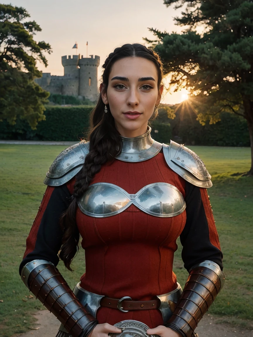 Gorgeous and sultry busty athletic (thin) brunette queen with sharp facial features wearing a modest updo, crown braid, ornate ceremonial (Medieval plate armor), dark red tunic, dark red hauberk, silver medieval armor, long sleeves, intricate patterns, filigree, gauntlets, gloves, pauldrons, breastplate, crown, silver belt, (waist chain), medieval jewelry, Middle Ages, castle, rampart, wall, exterior, on top of a castle wall, trees, countryside, evening, sunset.