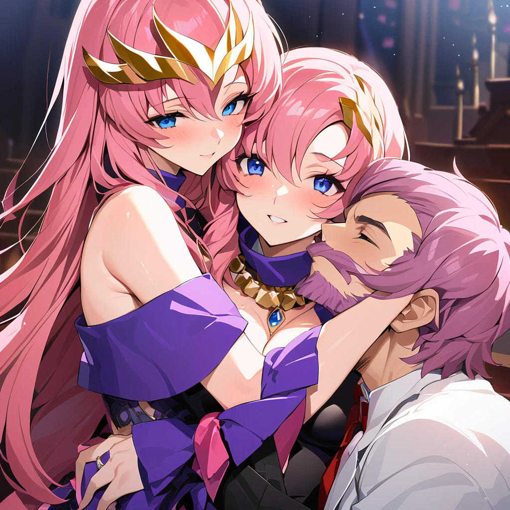 ((Highest quality)), ((masterpiece)), (detailed), （Perfect Face）、The woman is Lacus Clyne, the wife of the leader of the Evil God Cult. She has blue eyes, medium-long pink hair, a hair accessory, and is wearing the suspicious and luxurious Evil God Cult uniform, as well as a necklace and accessories with devil symbols, a gorgeous head chain tiara, and an engagement ring.、The woman is the wife of a middle-aged, bearded cult leader who is revered by a mysterious cult of evil gods.、The mysterious cult leader, dressed in the luxurious clothing of the cult leader, is embracing, kissing, and making love to each other at the altar of the cult.