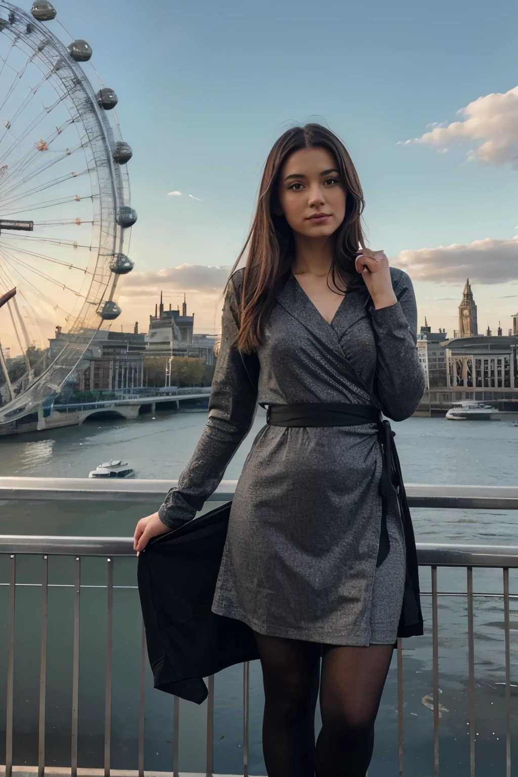 Generate a realistic, human-captured image of a person wearing a wrap dress paired with black tights. The background should include a well-known location, such as the London Eye.
