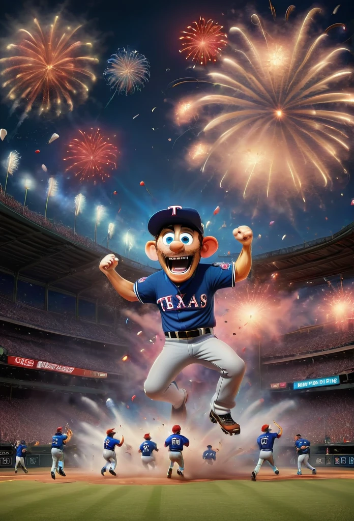 a 3D Pixar-style illustration of the Texas Rangers baseball team celebrating their World Series victory on the field, with fireworks in the sky, hyperrealistic, highly detailed, cinematic lighting, dynamic composition, vibrant colors, celebratory atmosphere, players jumping and cheering, confetti raining down, fans in the stands, energy and excitement